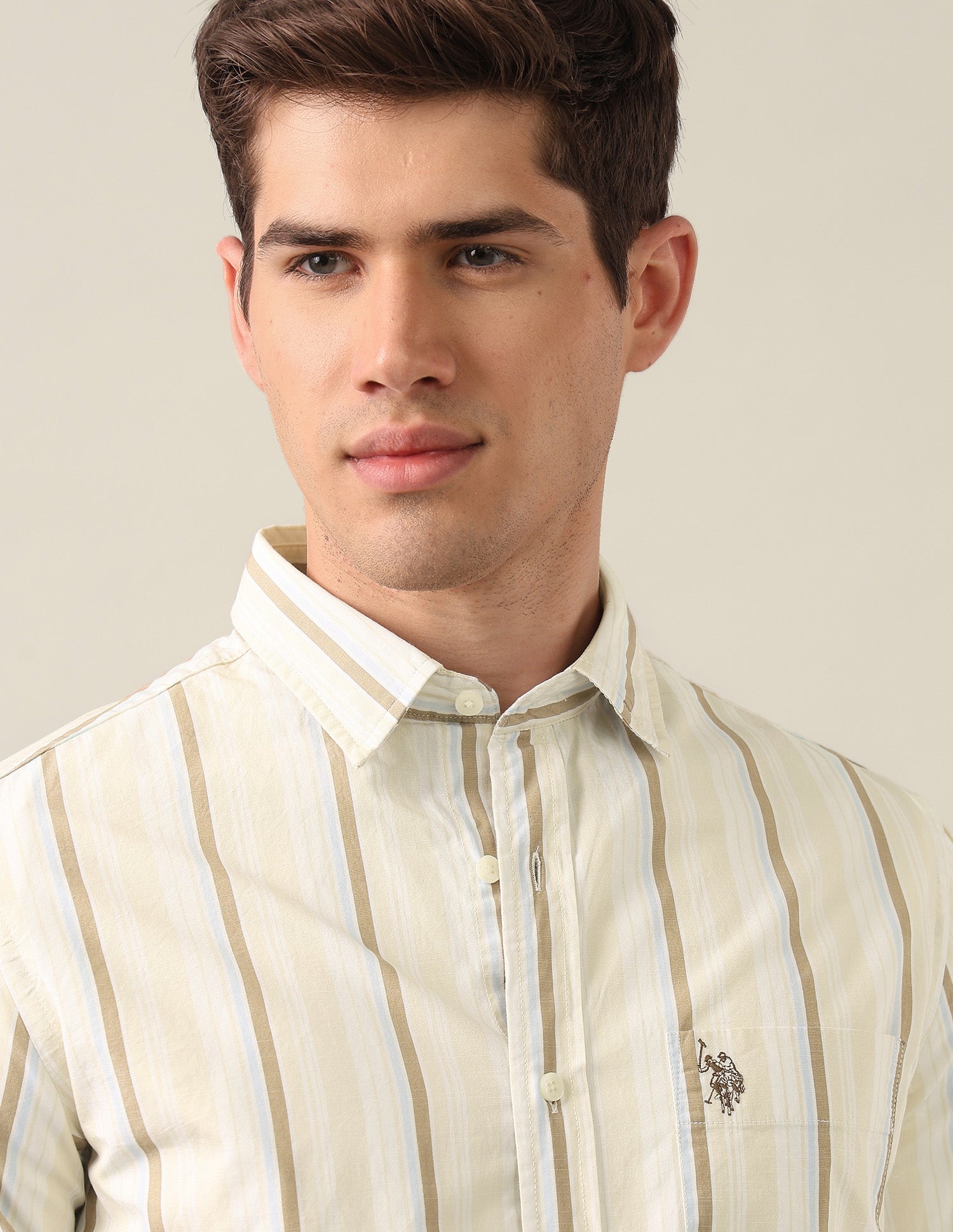 Tailored Fit Vertical Striped Shirt Beige - U.S. Polo Assn. India | Large