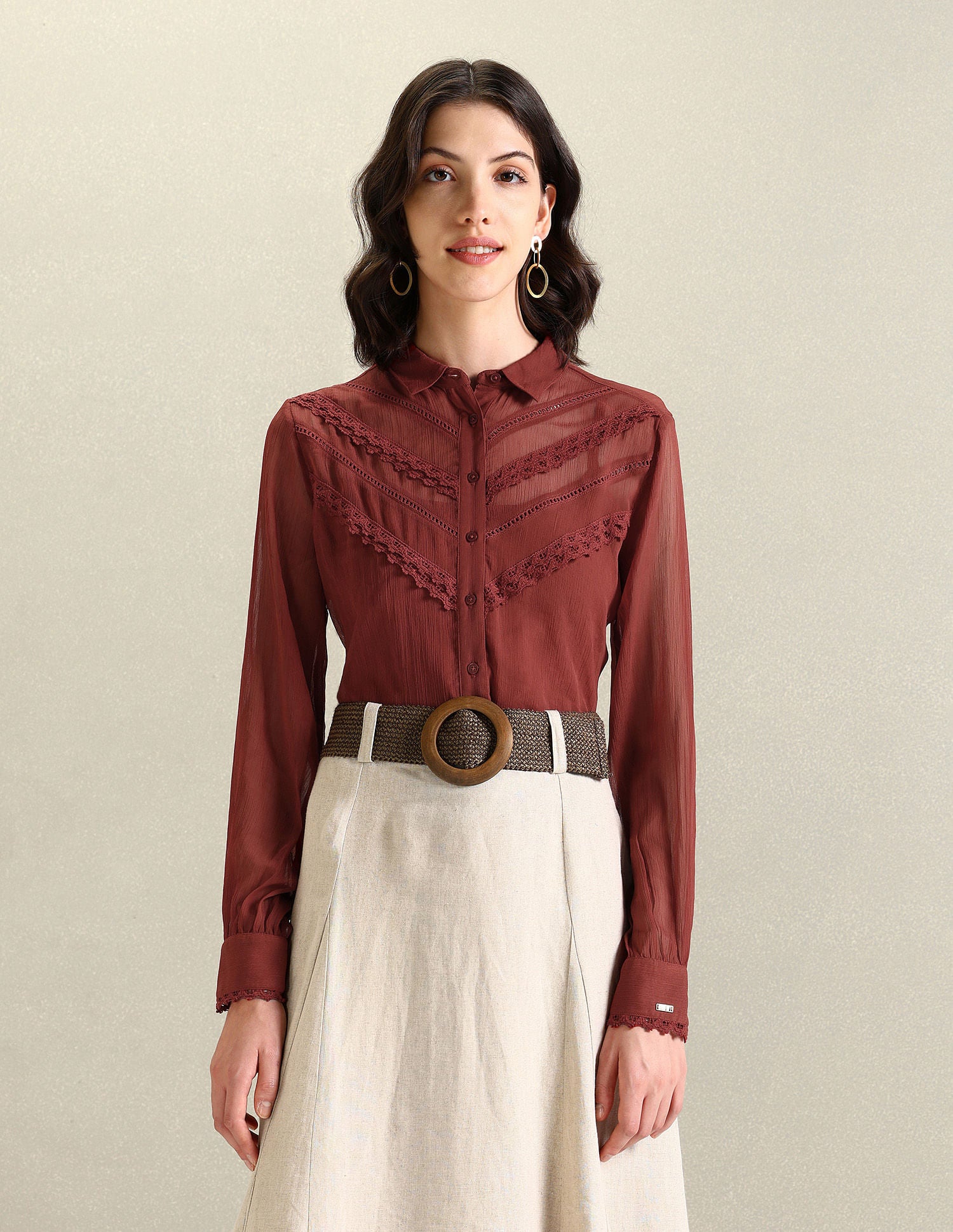 Lace Detail Chiffon Shirt Rust - U.S. POLO ASSN. | Large