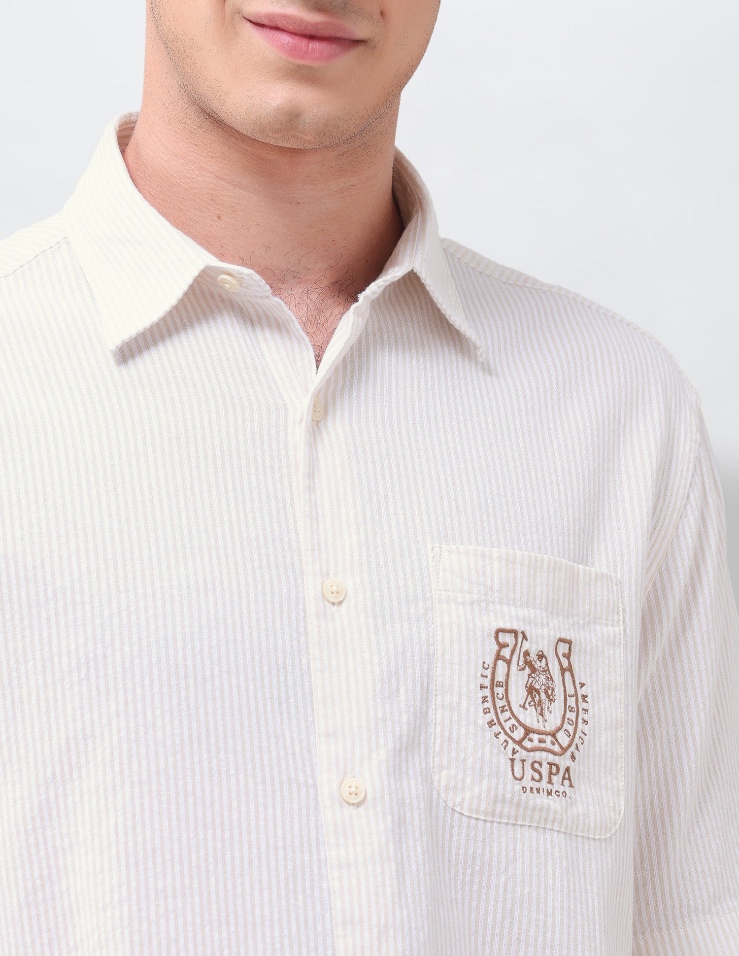 Vertical Striped Seersucker Weave Shirt Beige - U.S. Polo Assn. India | Large