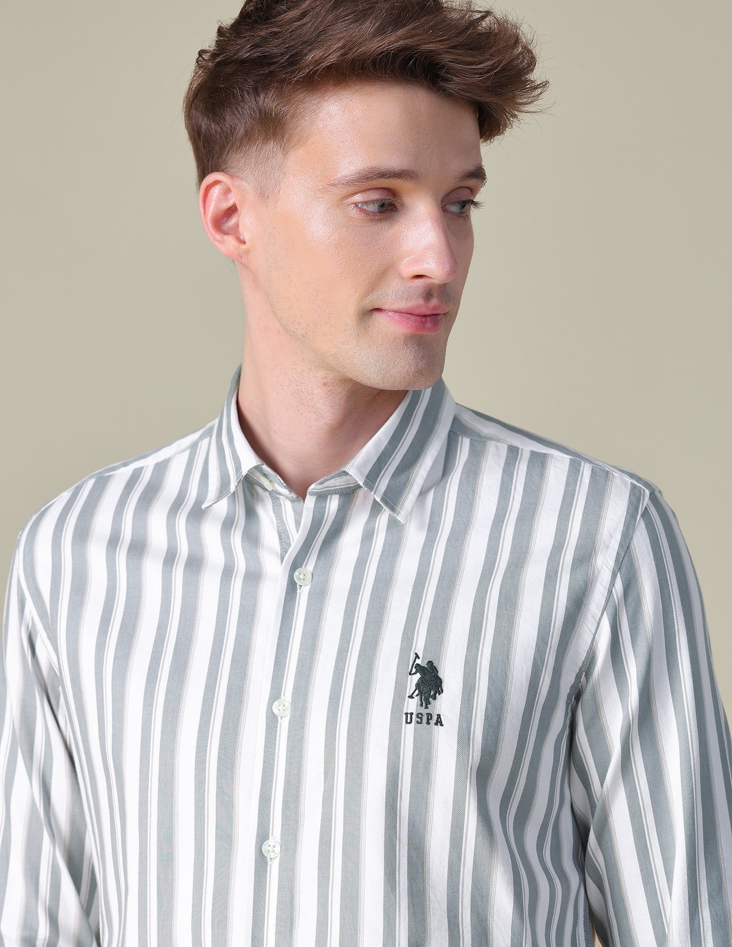 Vertical Striped Twill Shirt Light Olive - U.S. POLO ASSN. | Large
