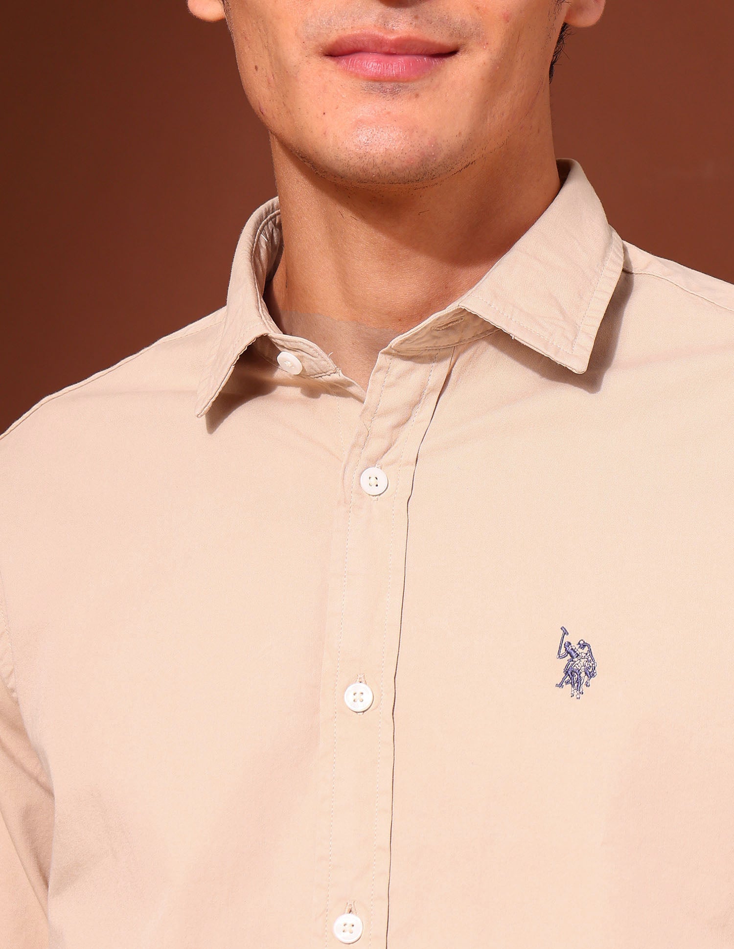 Pure Cotton Regular Fit Twill Shirt Beige - U.S. Polo Assn. India | Large