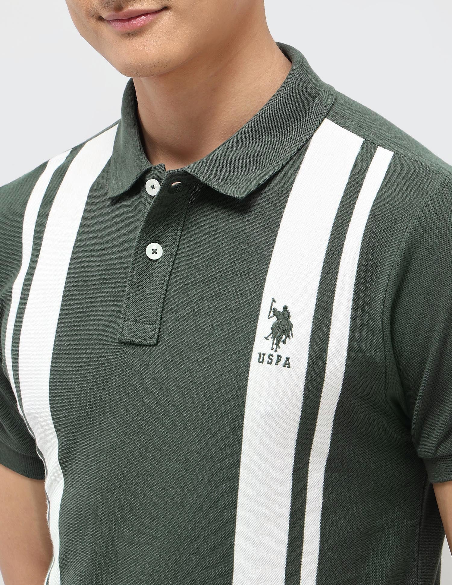 Vertical Striped Pure Cotton Polo Shirt Olive - U.S. Polo Assn. India | Large