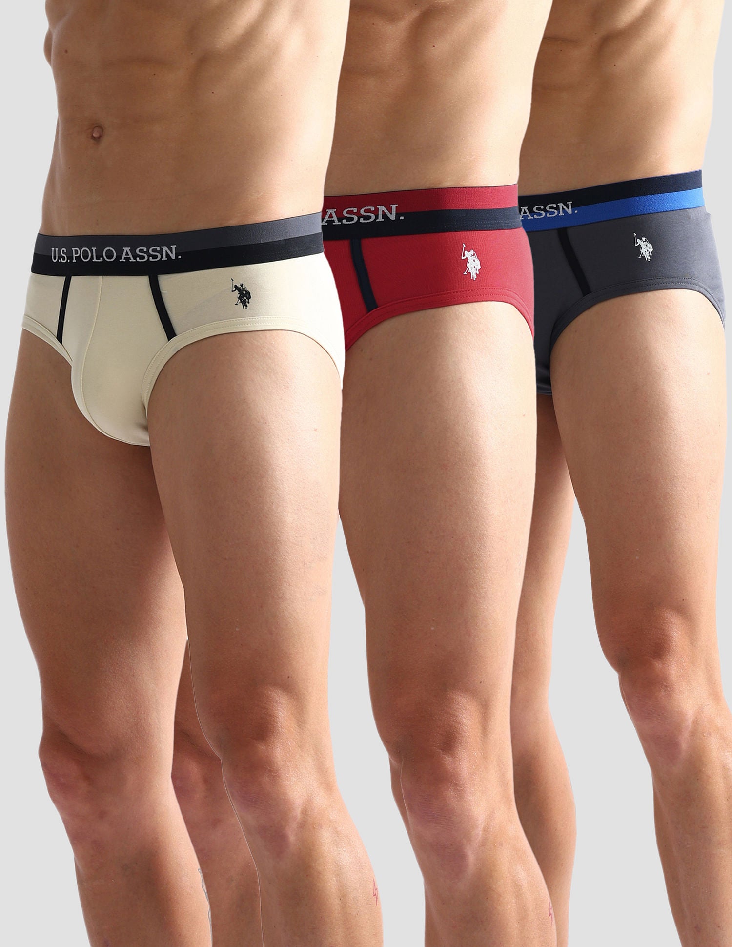 Dual Tone Cotton Stretch OET07 Briefs - Pack Of 3 Red, Beige and Grey - U.S. POLO ASSN. | Large
