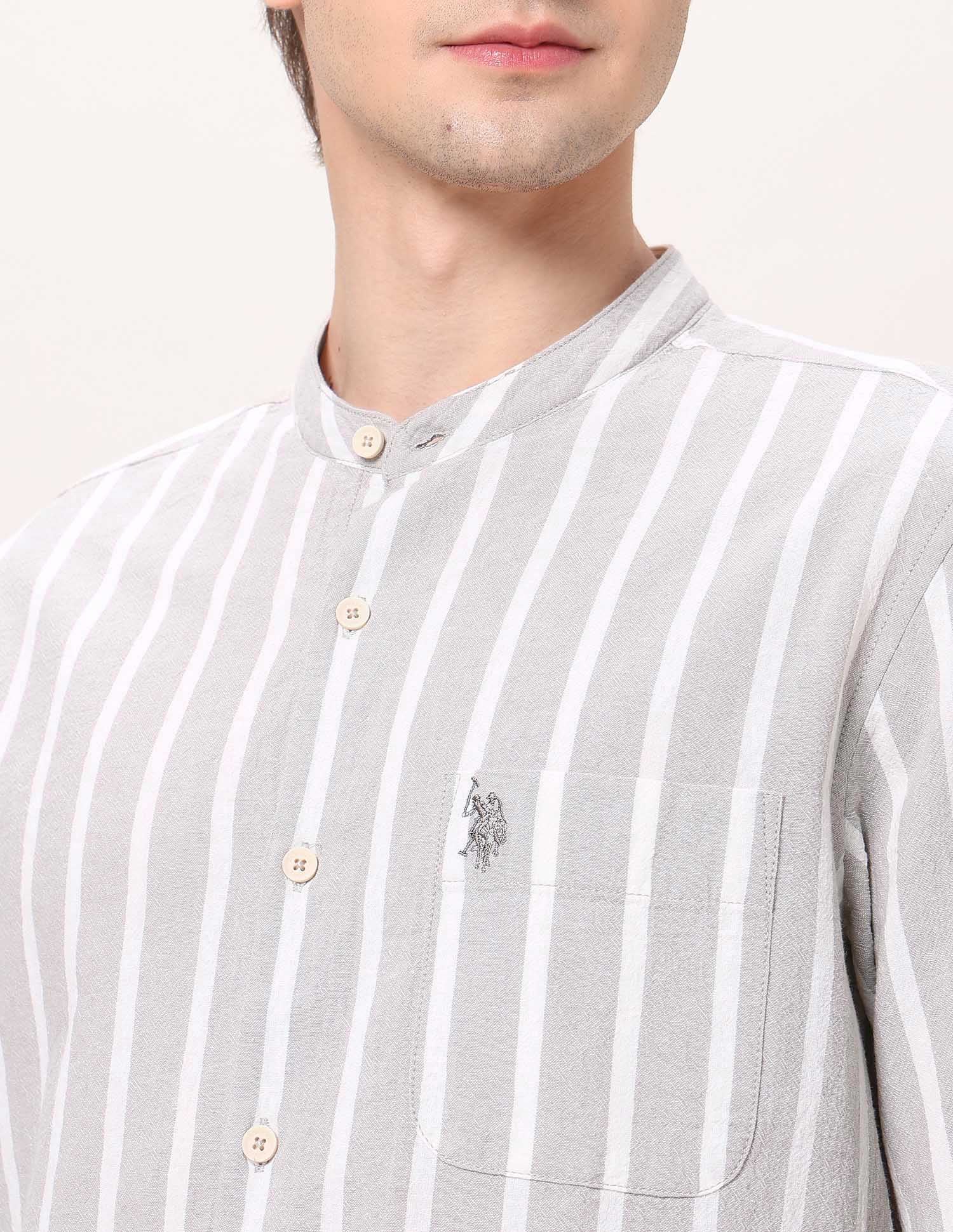 Pure Cotton Poplin Mandarin Shirt Grey - U.S. Polo Assn. India | Large