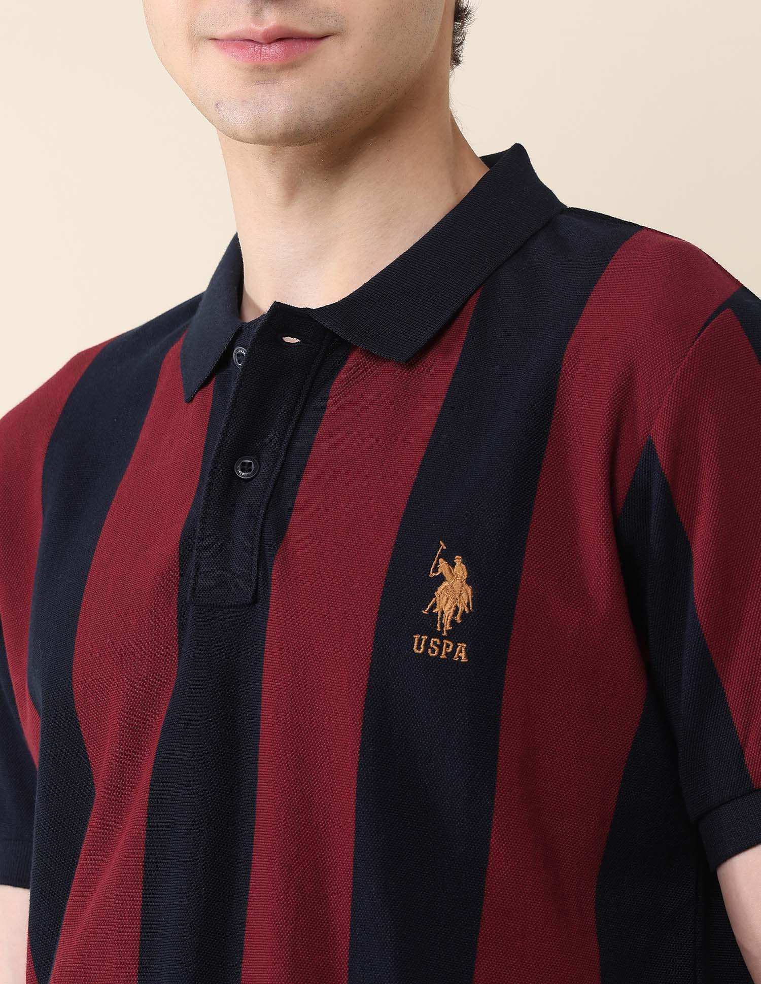Vertical Striped Pure Cotton Gold Cup Polo Shirt Maroon - U.S. Polo Assn. India | Large