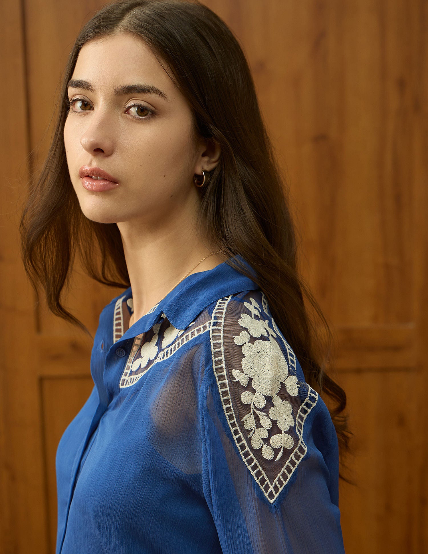 Chiffon Sheer Floral Embroidered Shirt Blue - U.S. Polo Assn. India | Large