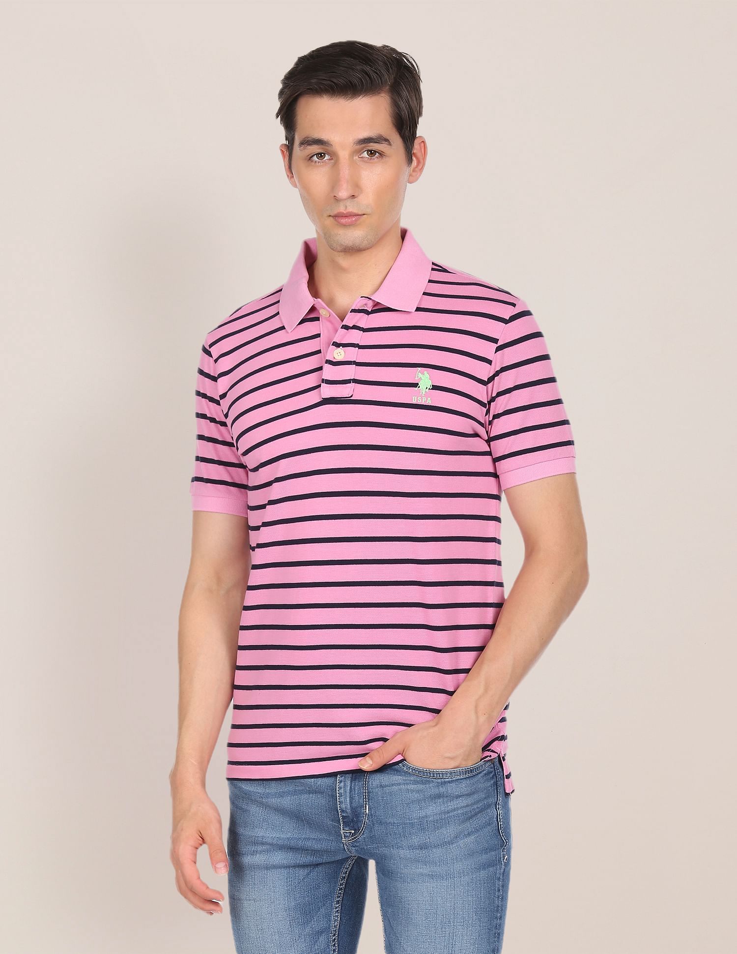 Ribbed Collar Horizontal Stripe Polo Shirt Pink - U.S. Polo Assn. India | Large