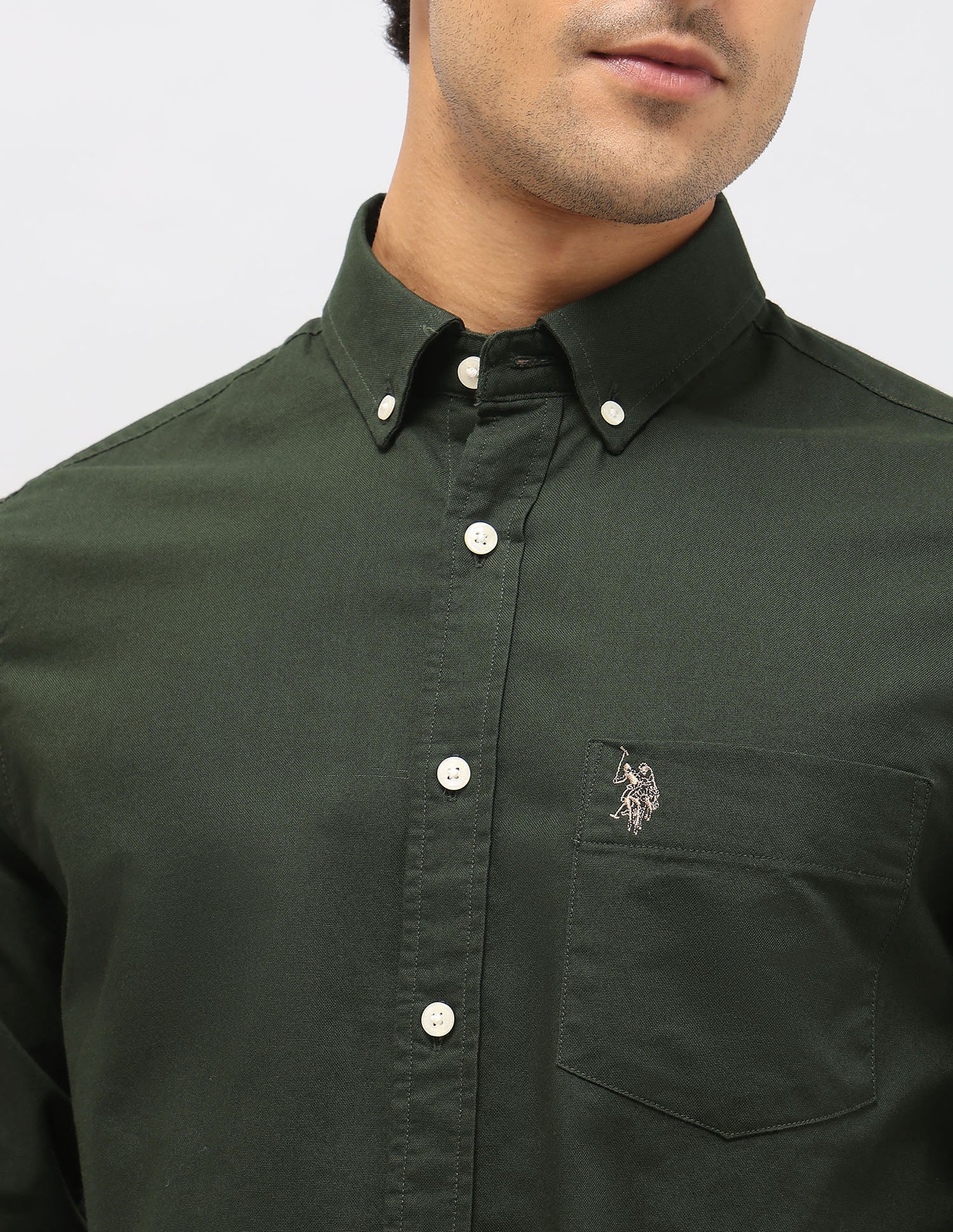 Pure Cotton Tailored Fit Shirt Dark Green - U.S. Polo Assn. India | Large
