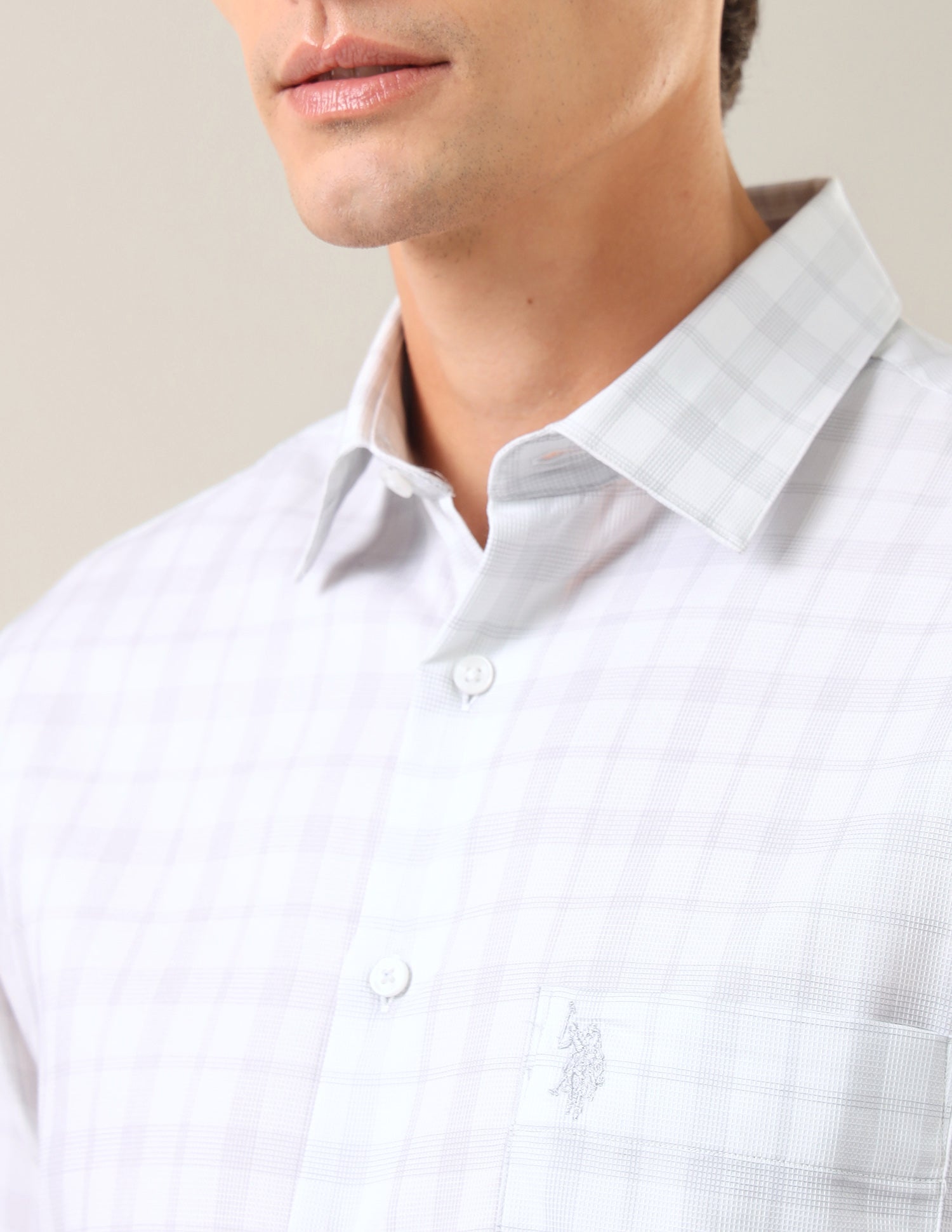 Grid Tattersall Checked With Textured Tailored Fit Shirt Light Grey - U.S. Polo Assn. India | Large