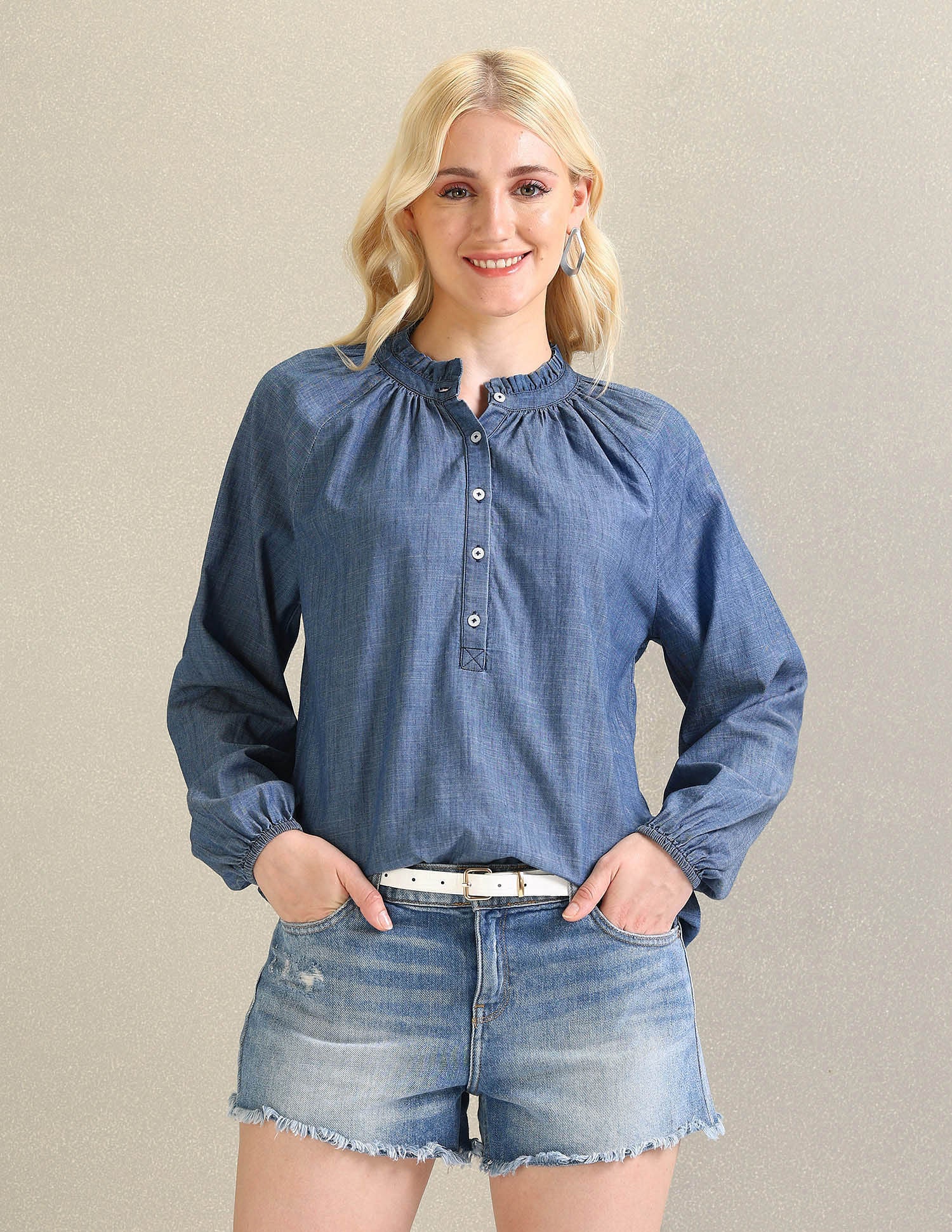 Raglan Sleeve Chambray Shirt Blue - U.S. Polo Assn. India | Large