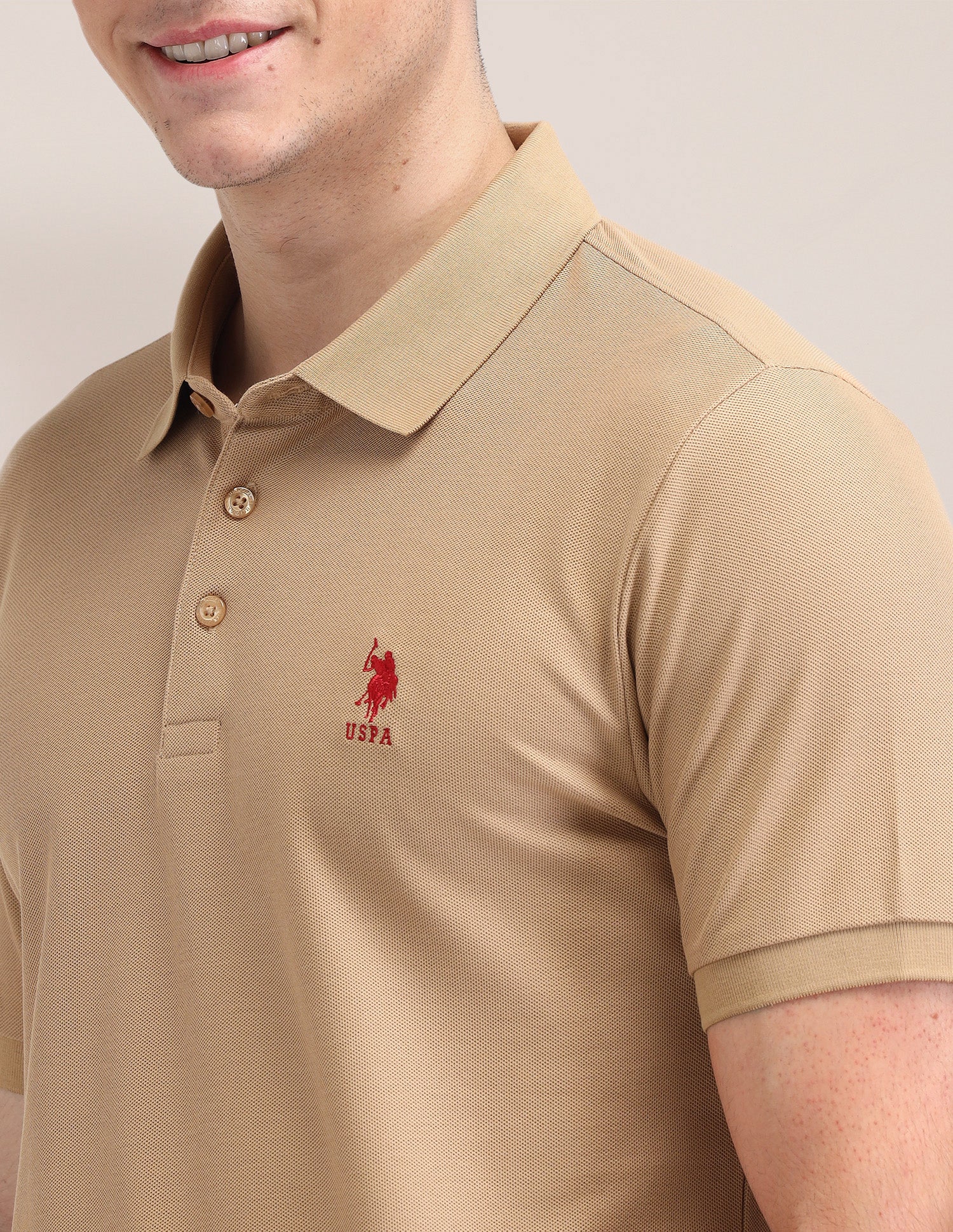 Solid Pattern Cotton Polo Shirt Beige - U.S. Polo Assn. India | Large