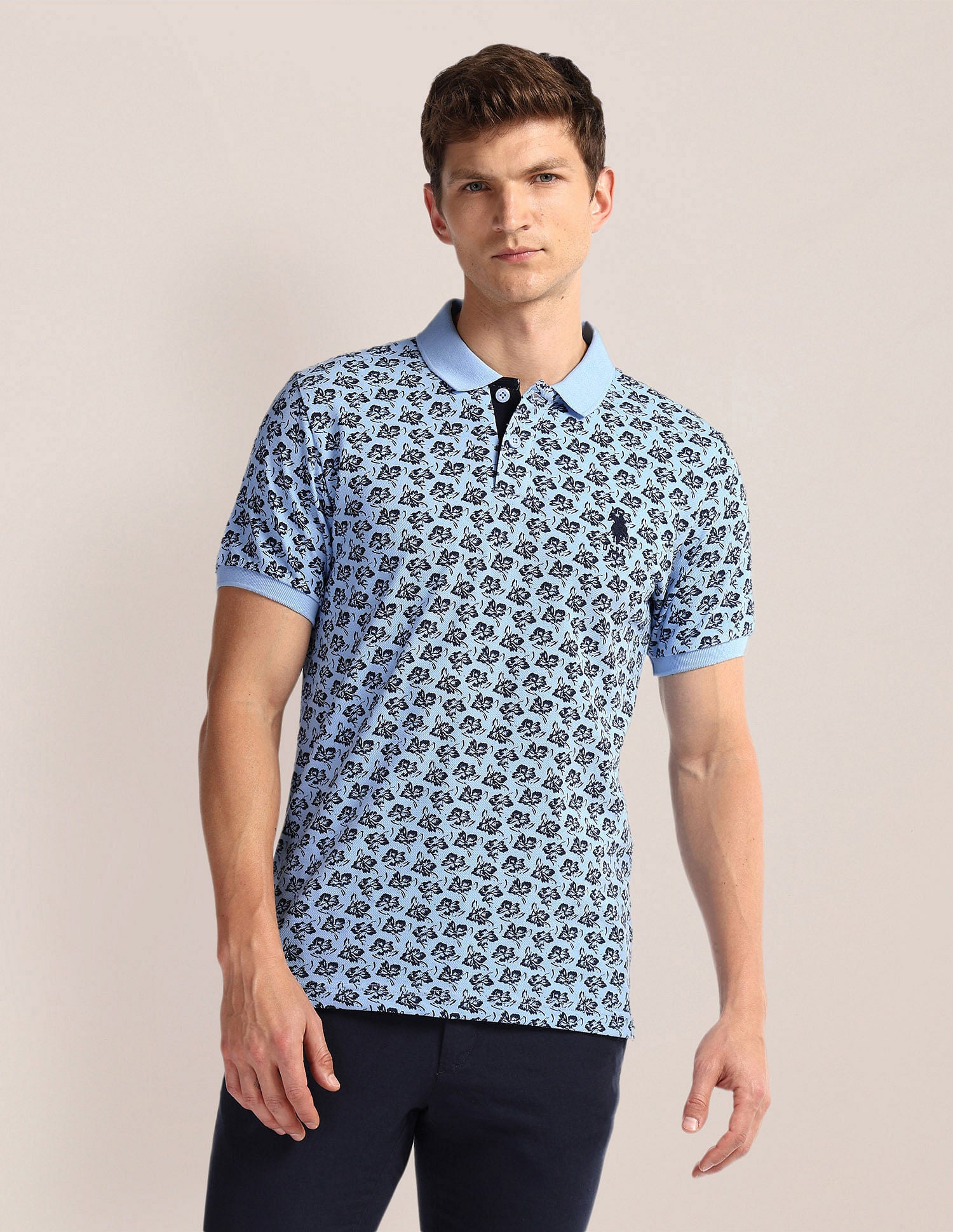 Pure Cotton Floral Polo Shirt Blue and Black - U.S. POLO ASSN. | Large