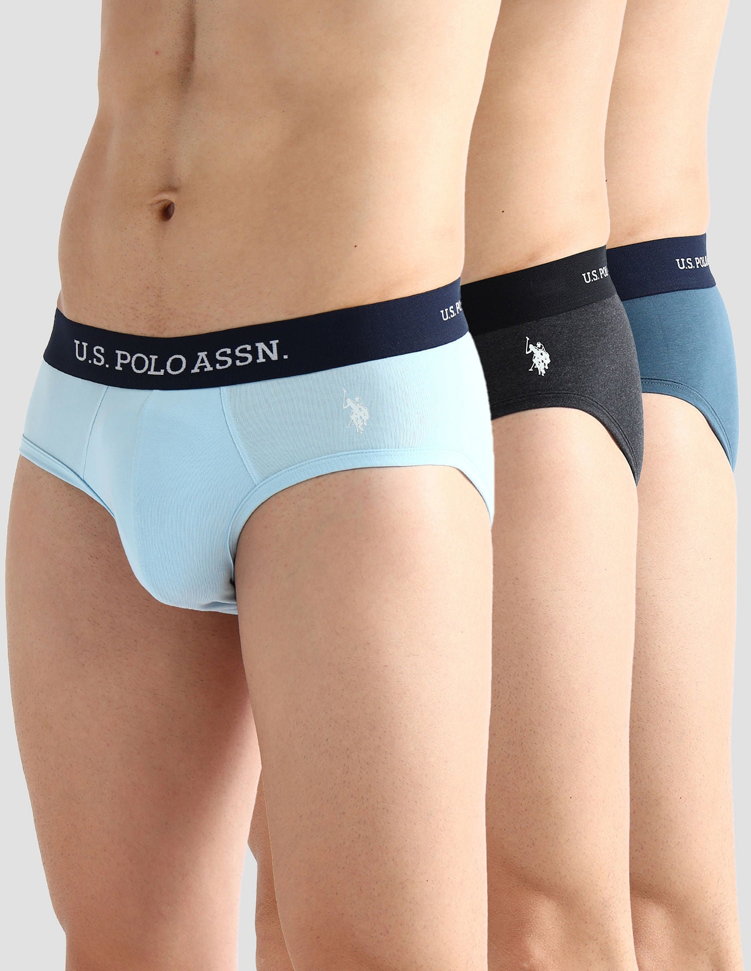 Elasticized Waist Solid OEB13 Briefs - Pack Of 3 Grey, Navyand Blue - U.S. POLO ASSN. | Large