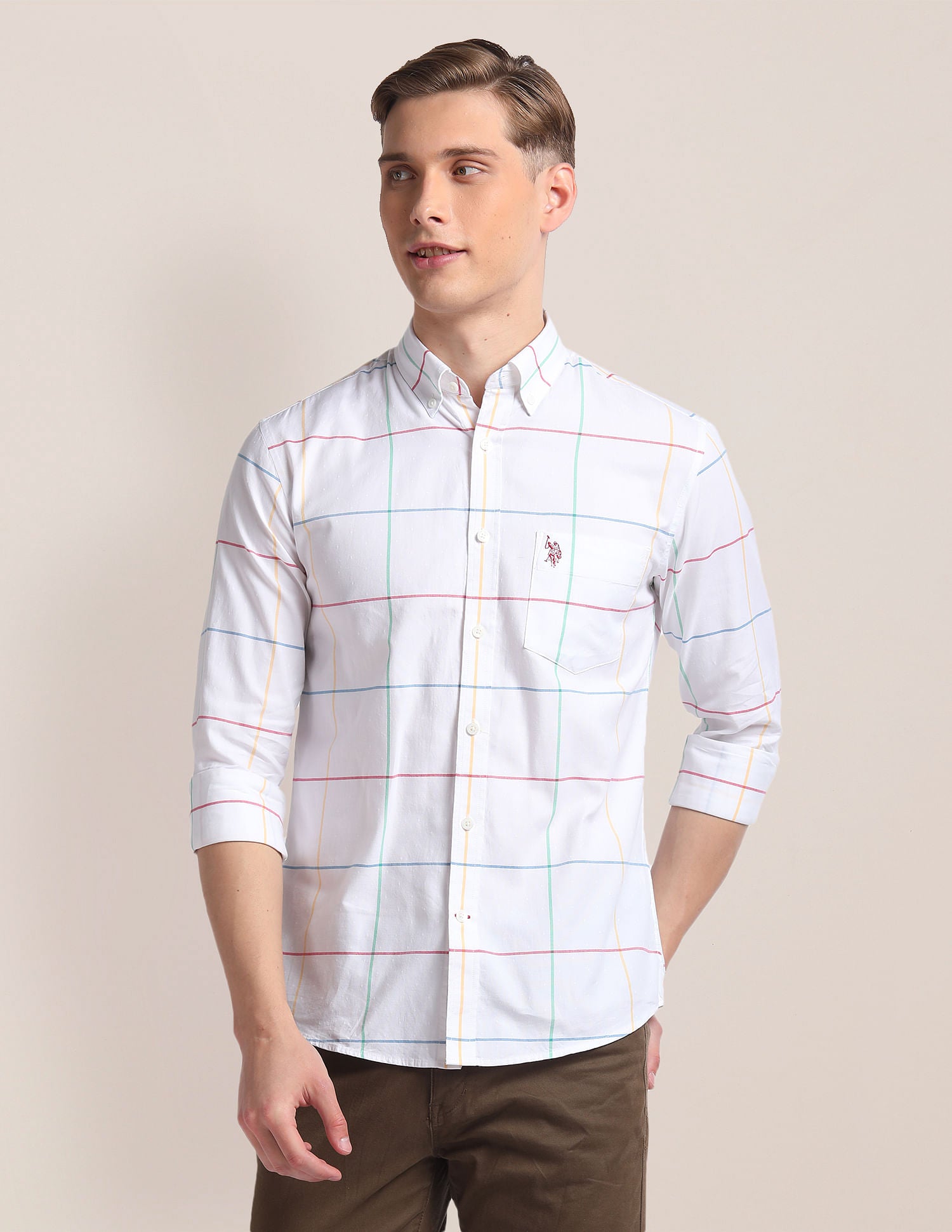 Premium Cotton Windowpane Check Shirt White - U.S. Polo Assn. India | Large