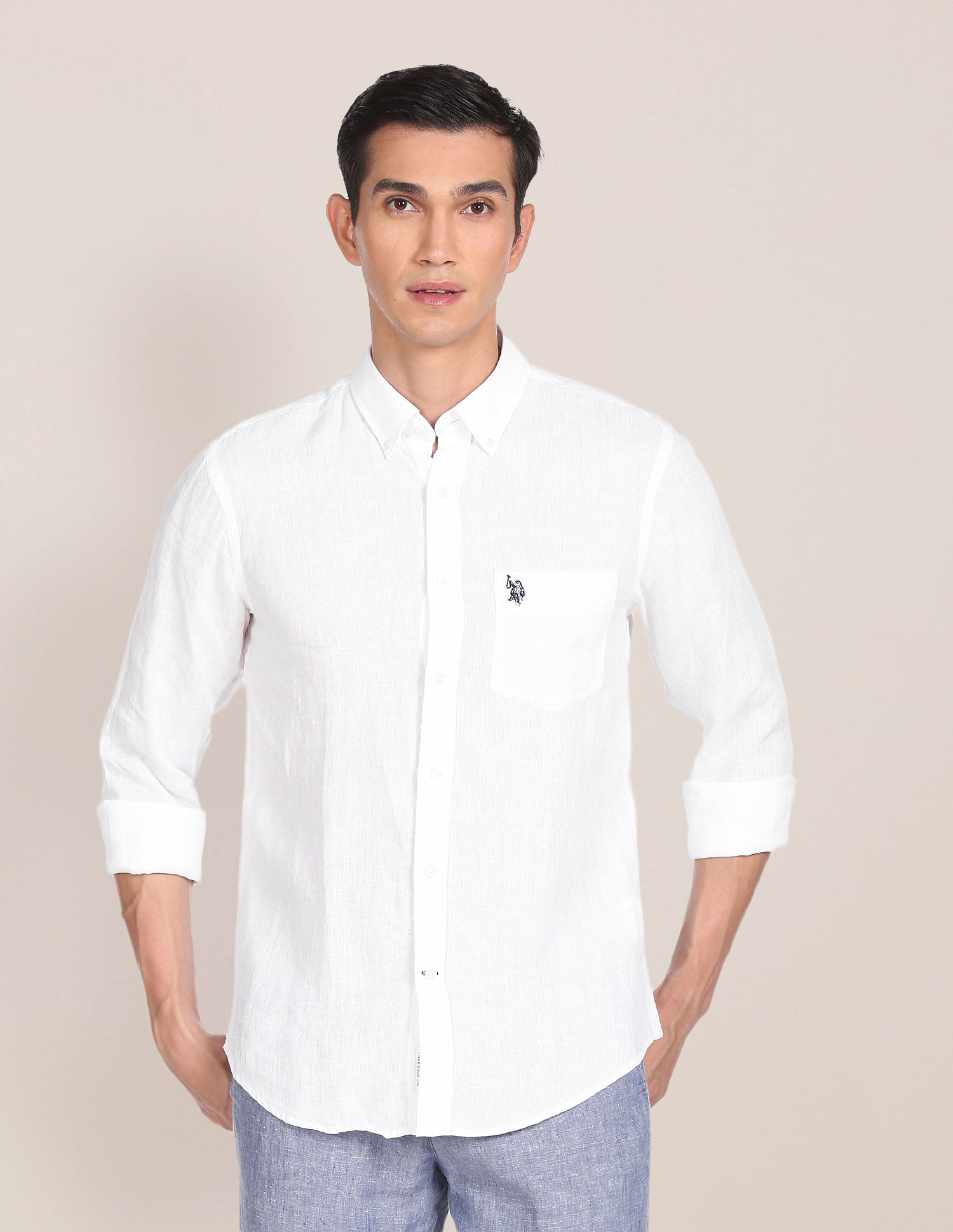 Men White Button Down Collar Linen Solid Casual Shirt – U.S. Polo