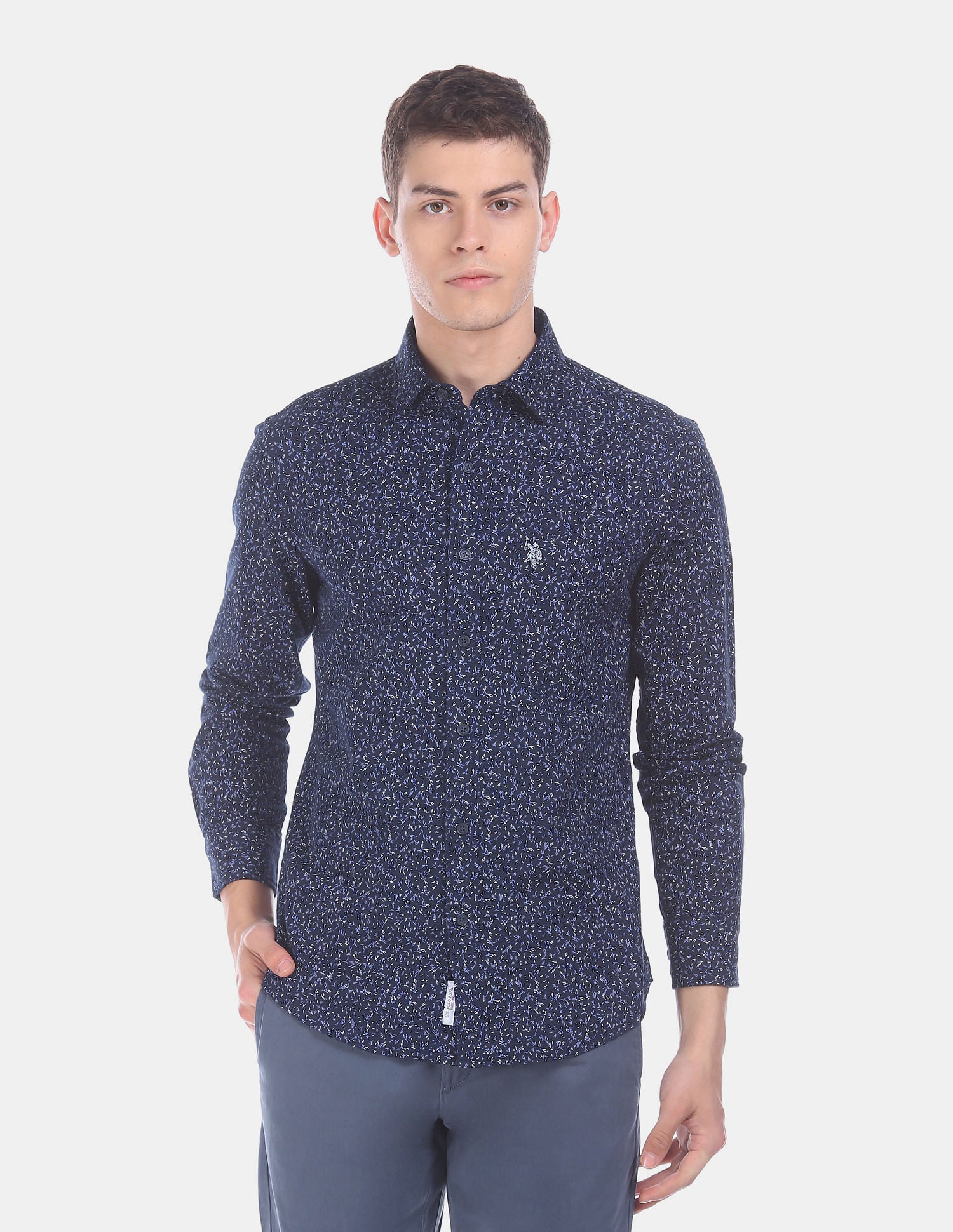 Men Navy Spread Collar Allover Printed Shirt