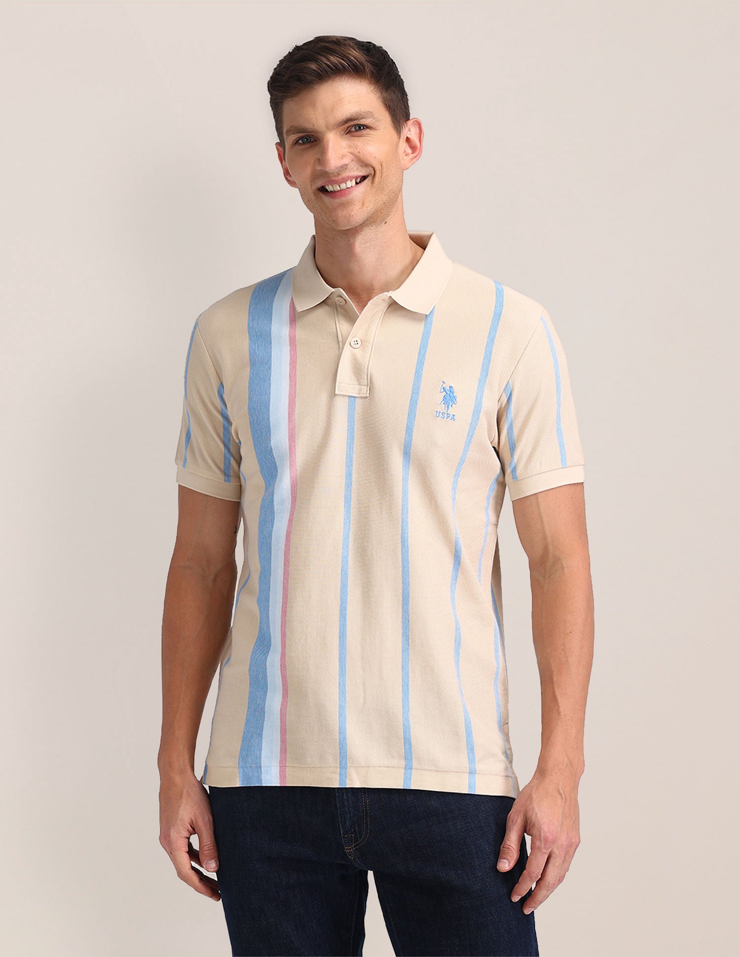 Slim Fit Striped Polo Shirt Beige - U.S. Polo Assn. India | Large
