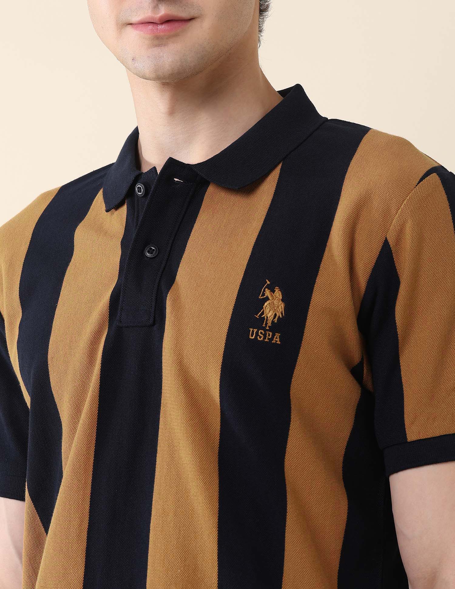Vertical Striped Pure Cotton Gold Cup Polo Shirt Brown - U.S. Polo Assn. India | Large