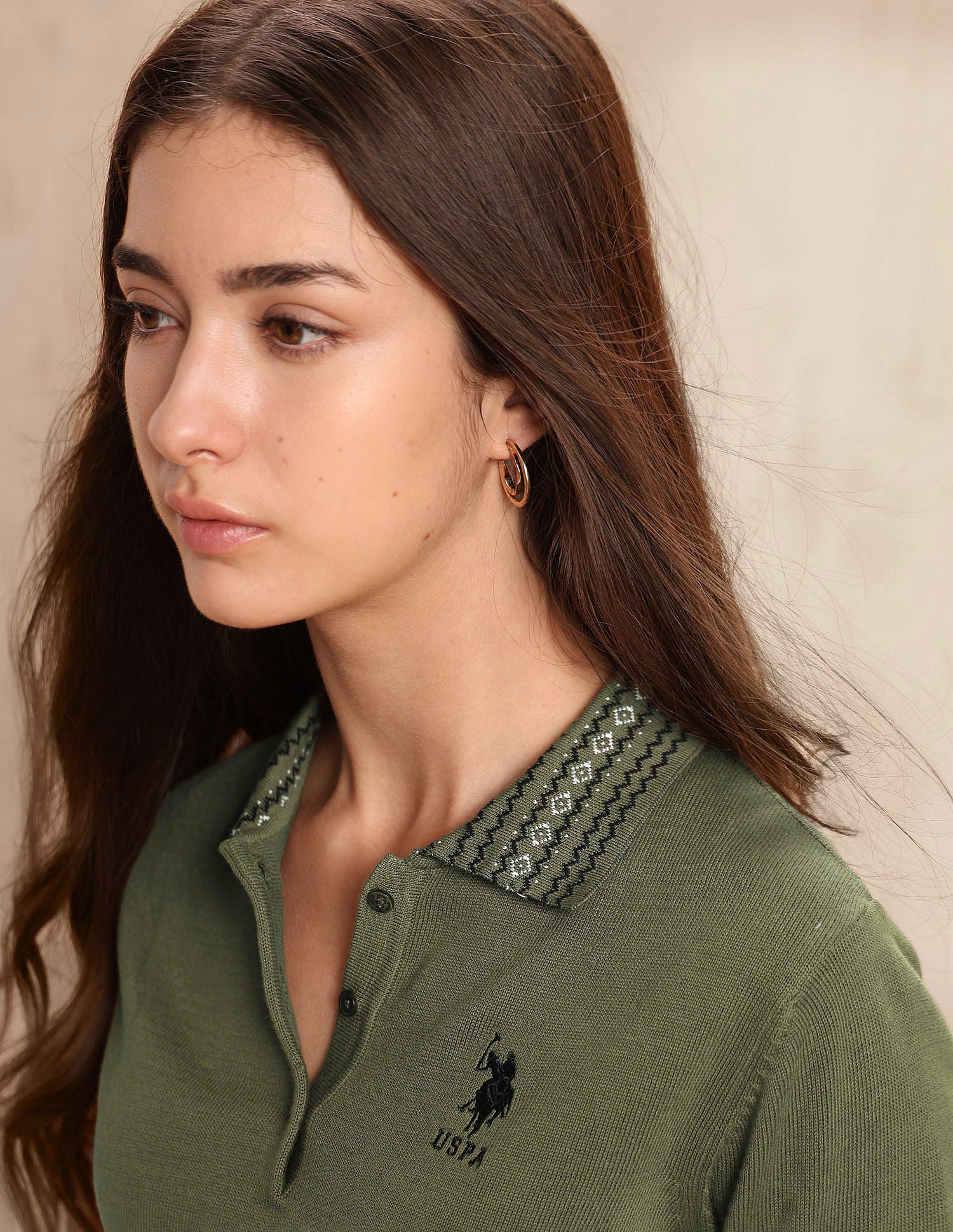 Jacquard Collar Relaxed Fit Polo Shirt Olive - U.S. POLO ASSN. | Large