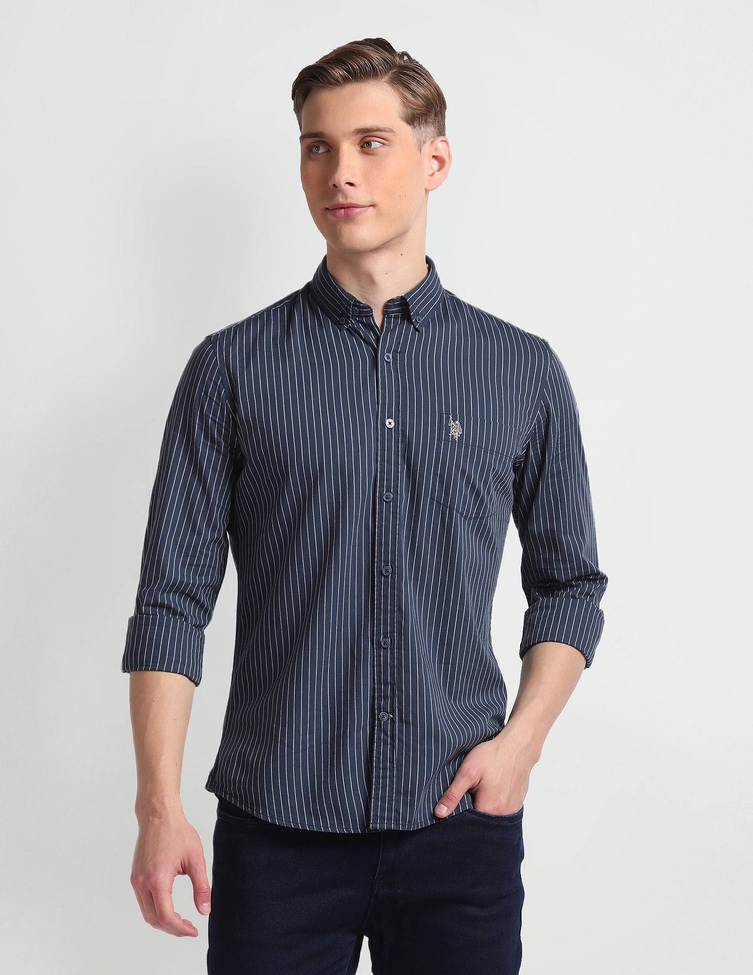 Vertical Stripe Cotton Shirt Navy - U.S. Polo Assn. India | Large
