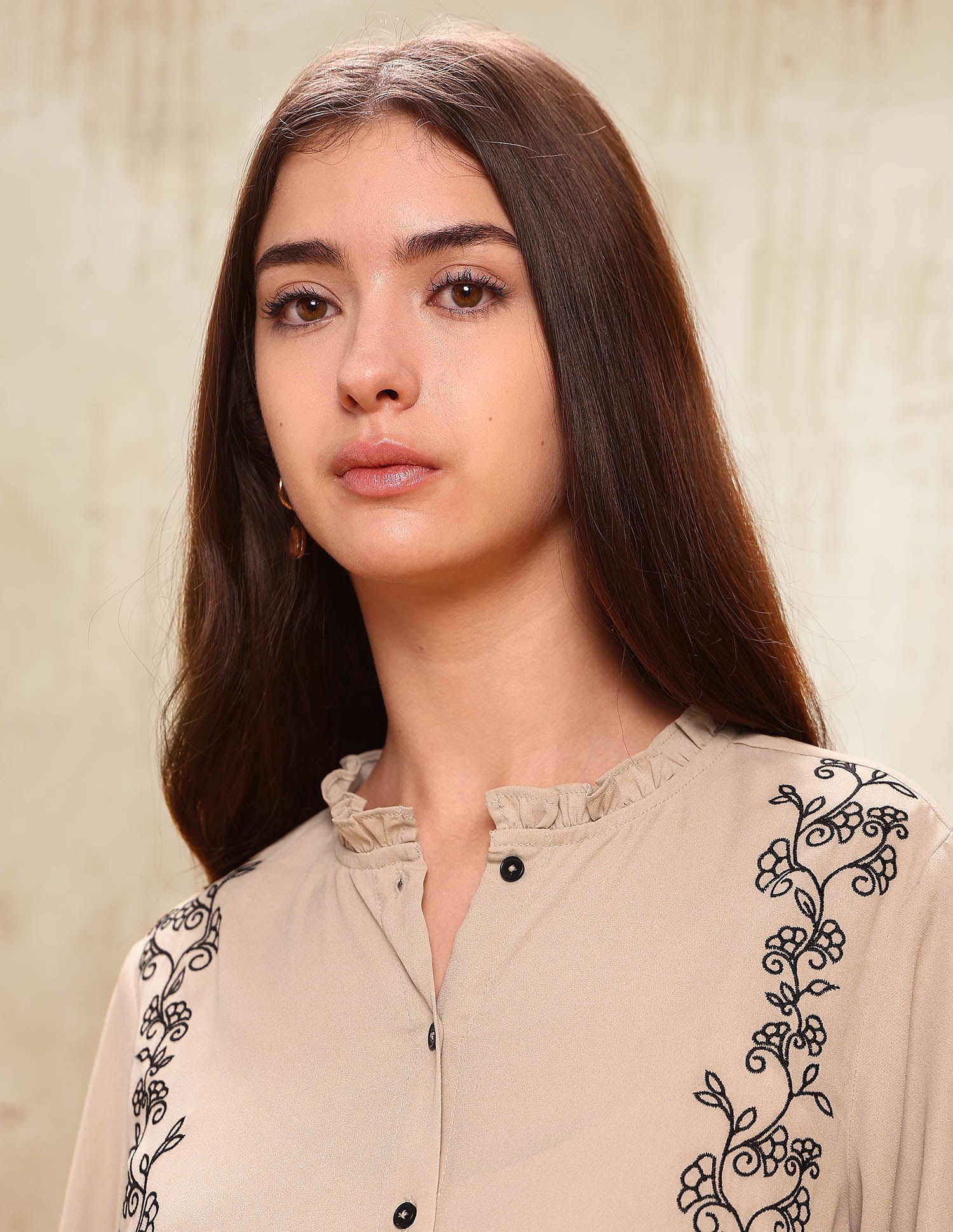 Floral Embroidered Ruffle Top Beige - U.S. POLO ASSN. | Large