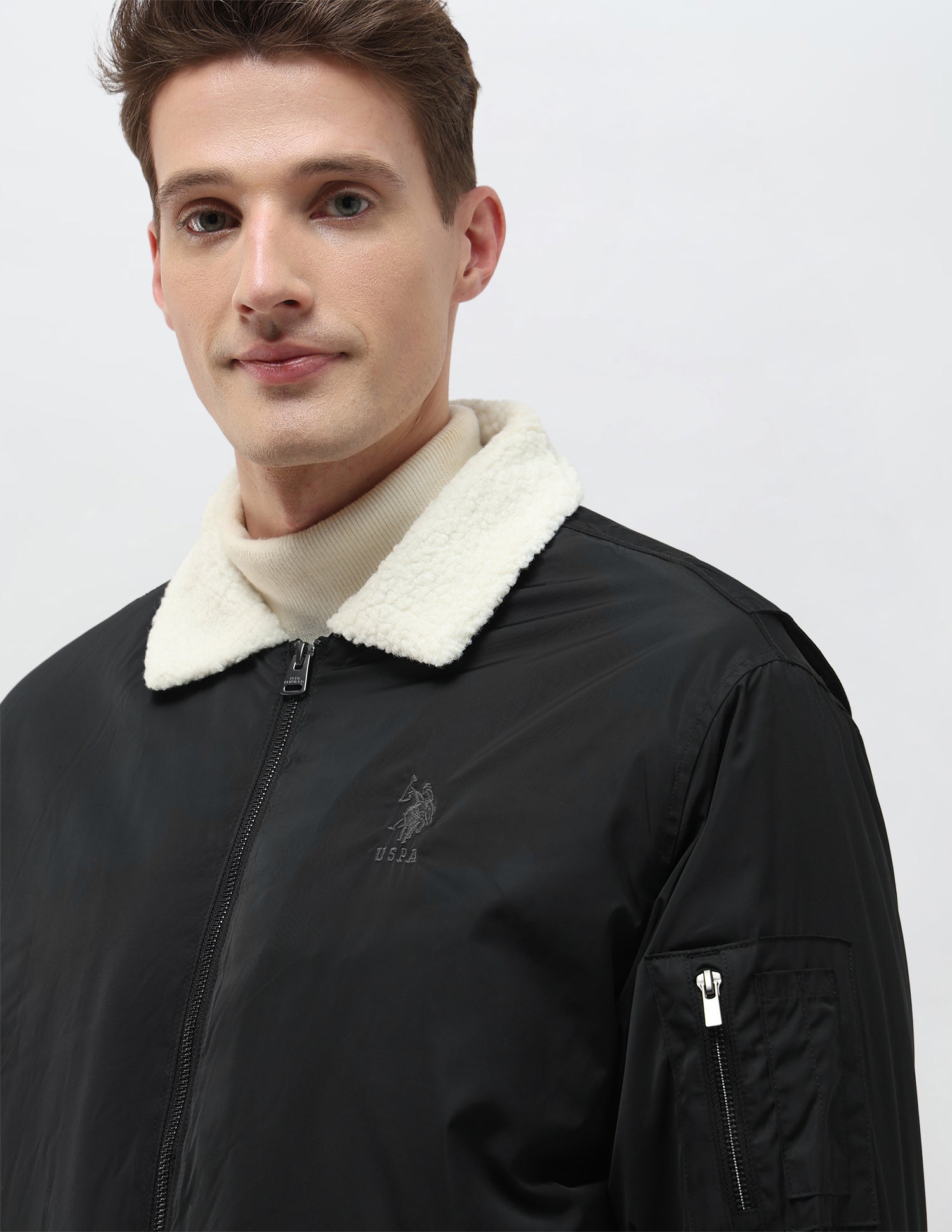 Solid Regular Fit Bomber Jacket Black - U.S. Polo Assn. India | Large