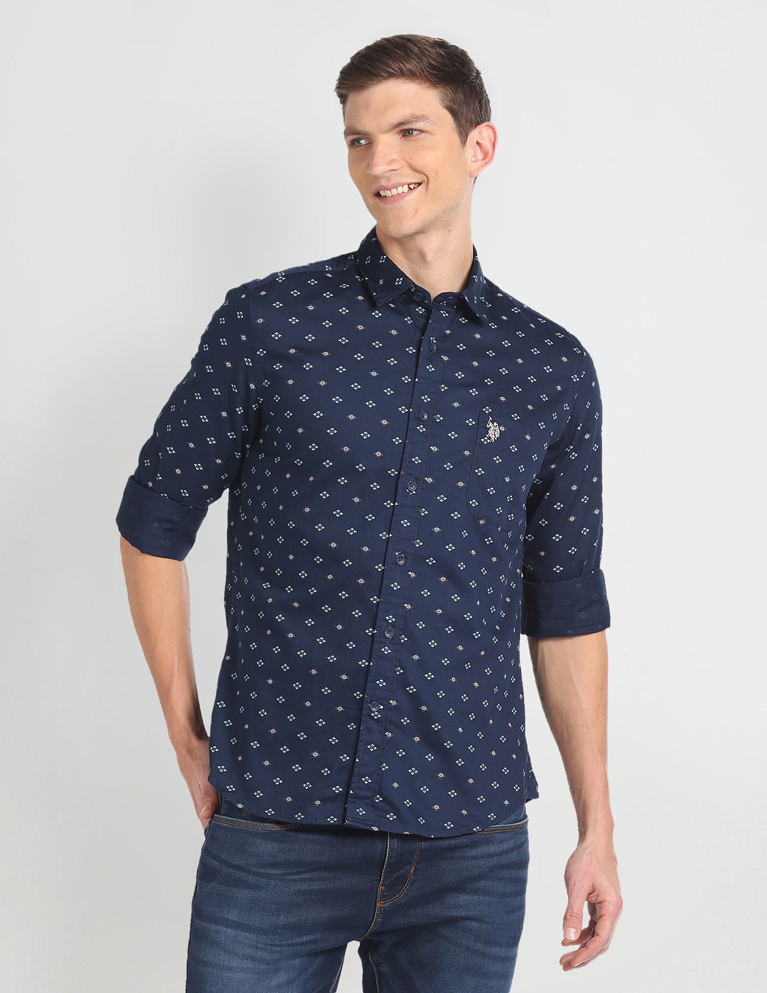 Motif Print Slim Fit Shirt Navy - U.S. Polo Assn. India | Large