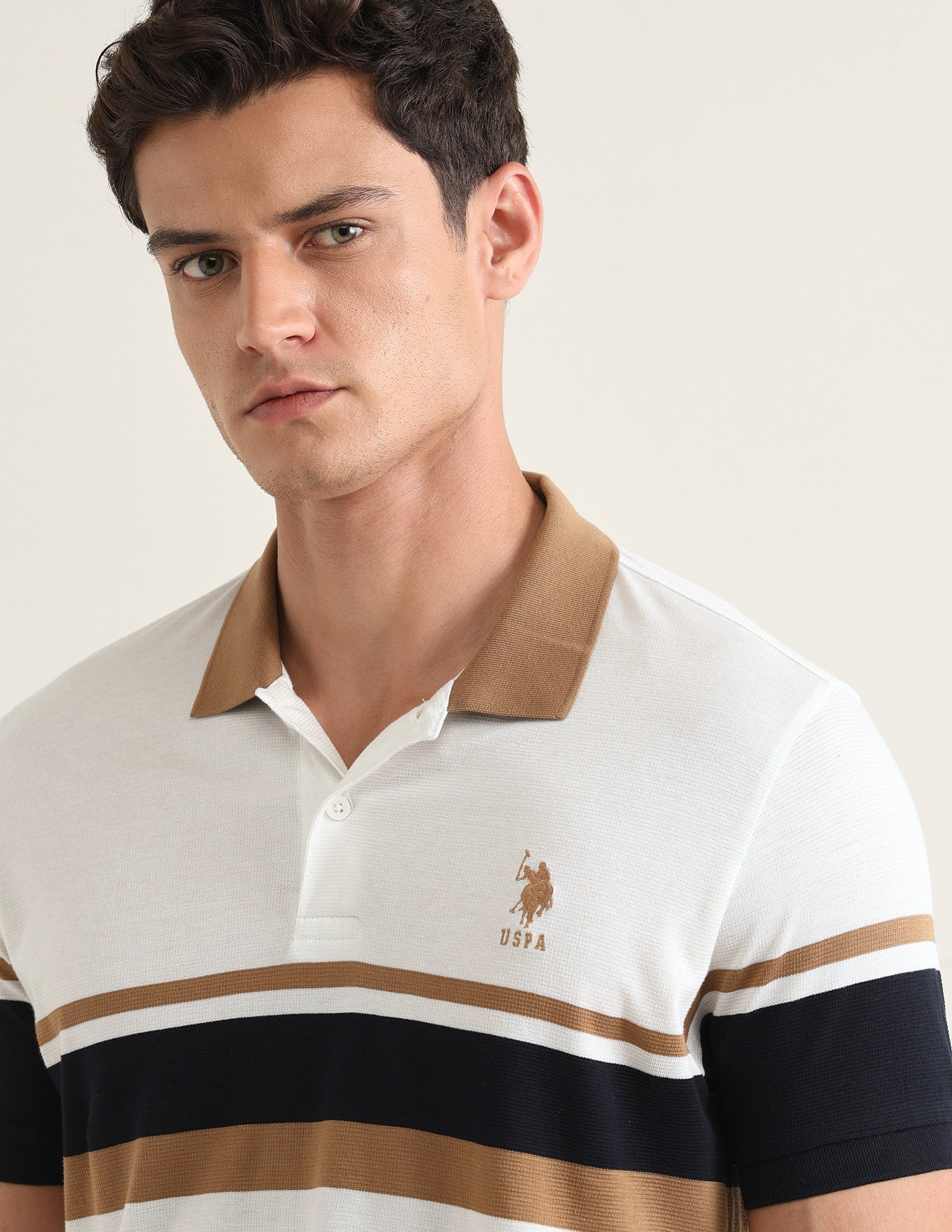 Horizontal Striped Slim Fit Polo Shirt Beige - U.S. Polo Assn. India | Large