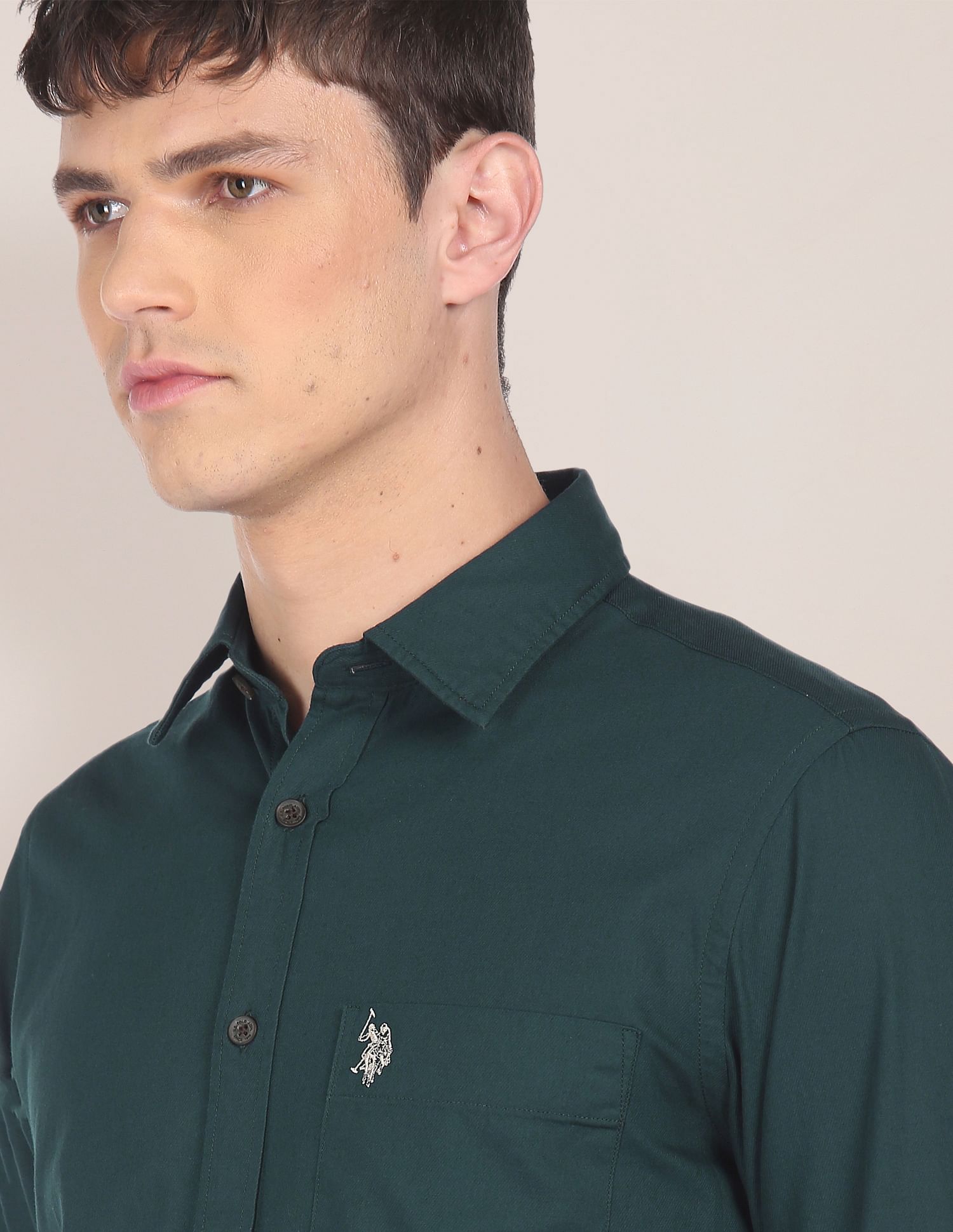 Men Dark Green Spread Collar Solid Casual Shirt Dark Green - U.S. POLO ASSN. | Large