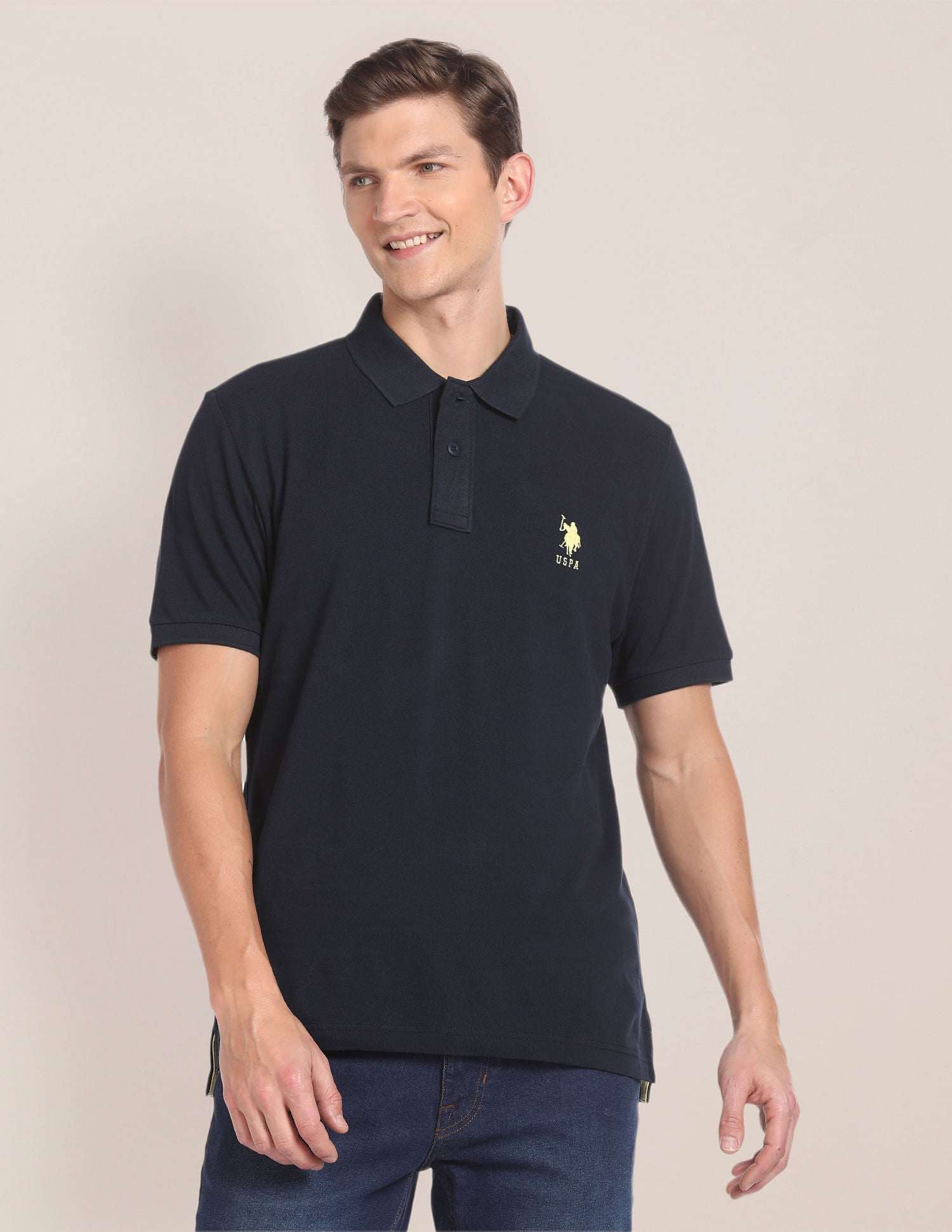 Men Navy Blue Pique Solid Polo Shirt Navy - U.S. Polo Assn. India | Large