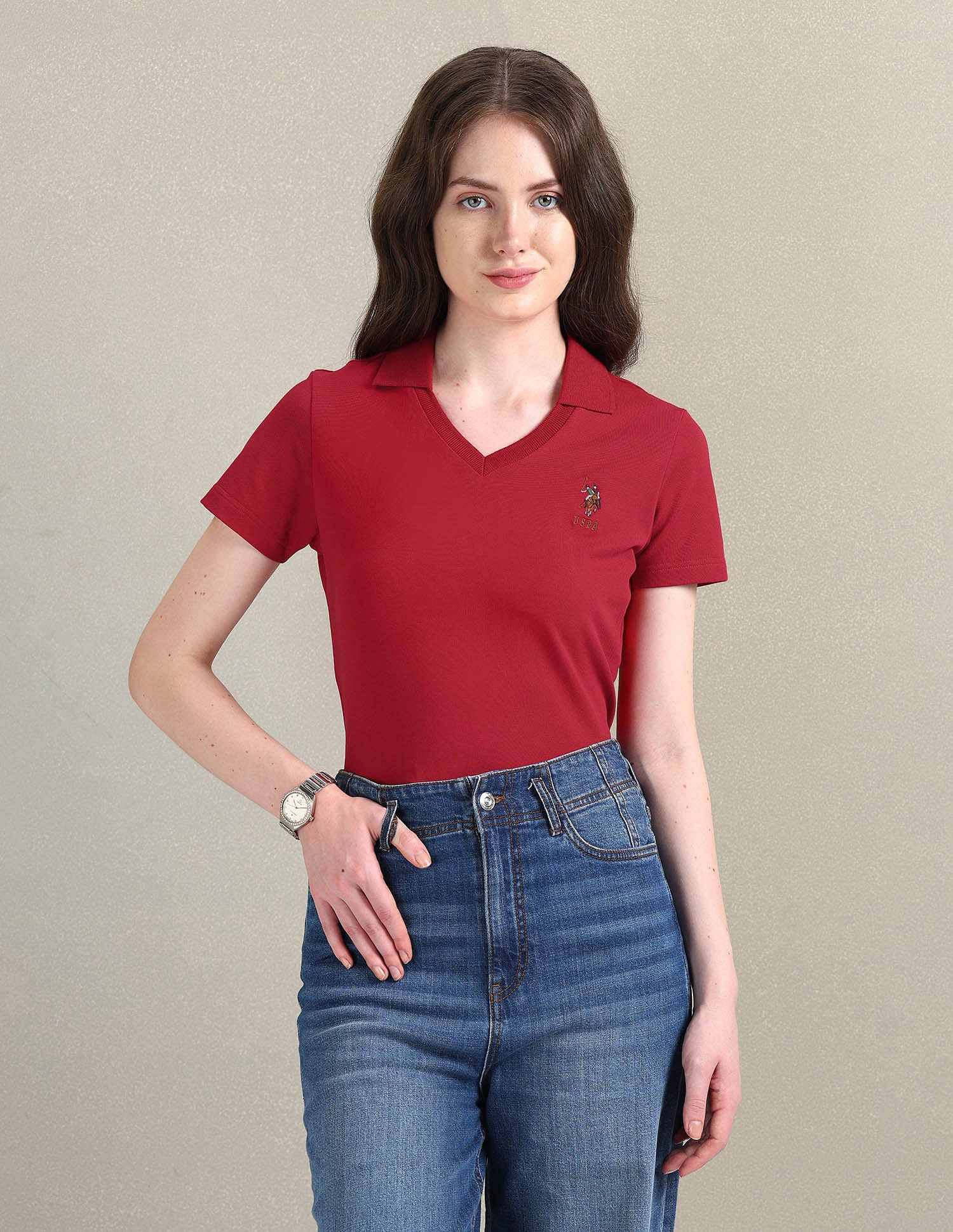 V-Neck Pique Polo Shirt Red - U.S. POLO ASSN. | Large