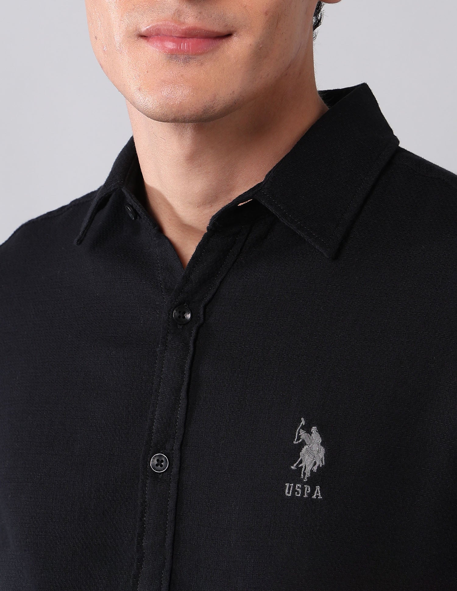Pure Cotton Regular Fit Dobby Shirt Black - U.S. Polo Assn. India | Large