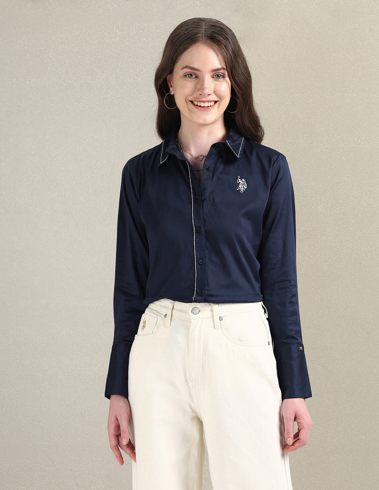 Contrast Saddle Stitch Cotton Shirt Navy - U.S. POLO ASSN. | Large