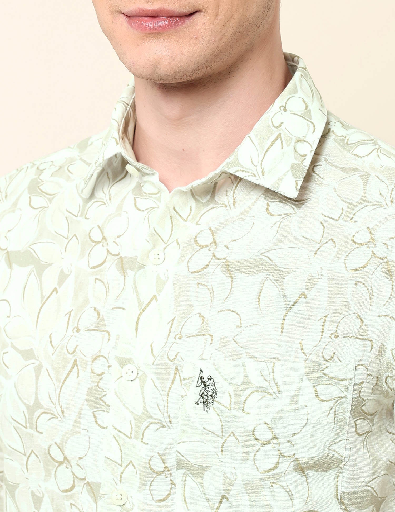 Floral Printed Tailored Fit Shirt Light Olive - U.S. POLO ASSN. | Large