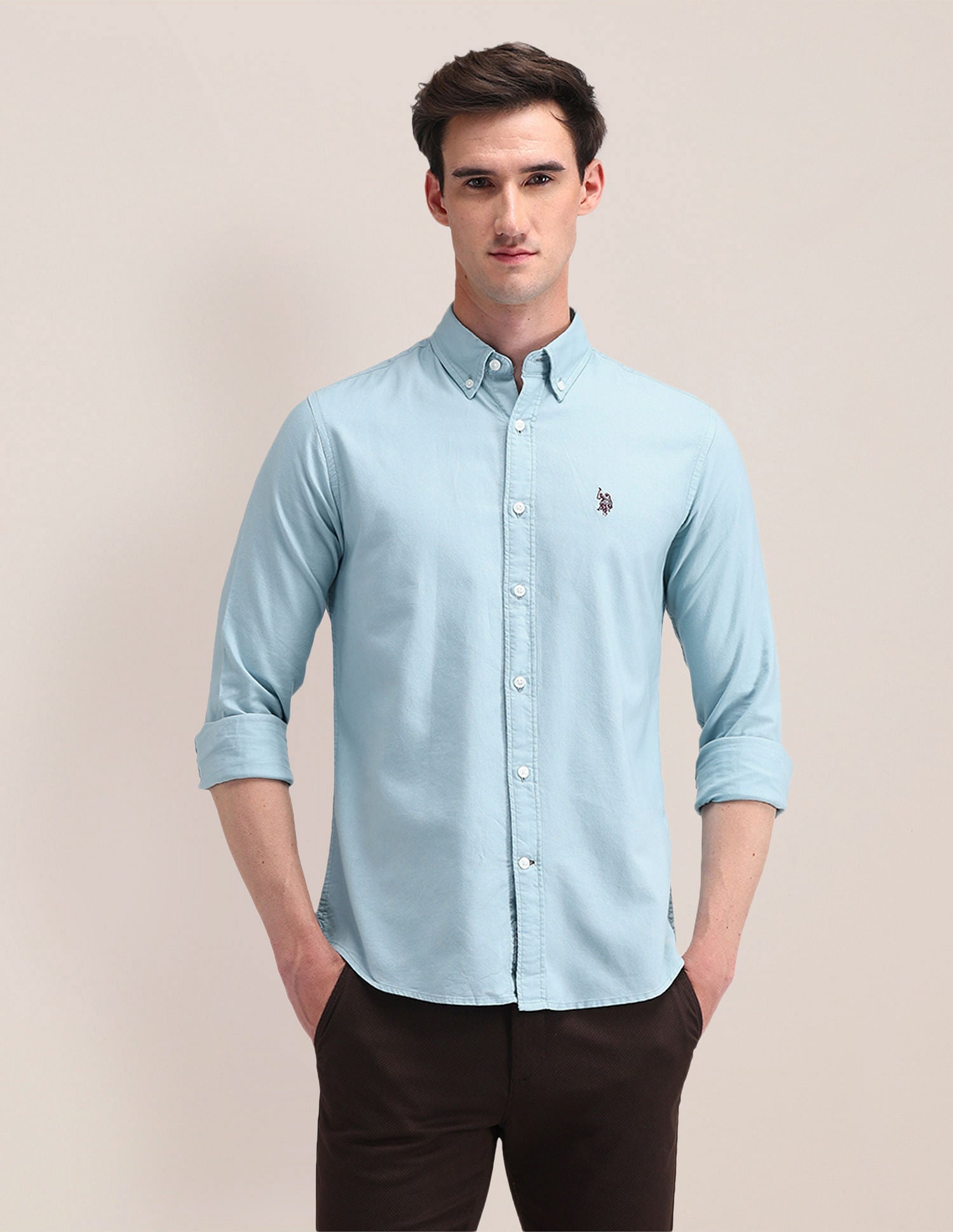 Tailored Fit Solid Shirt Light-Blue - U.S. Polo Assn. India | Large