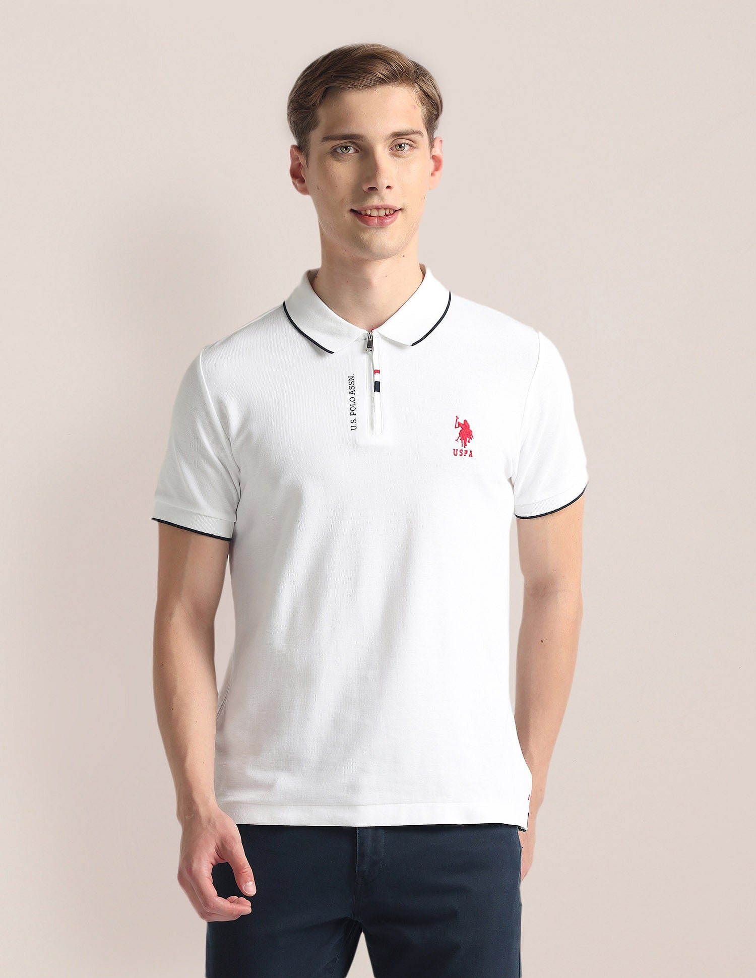 Logo Placket Zipper Polo Shirt White - U.S. Polo Assn. India | Large