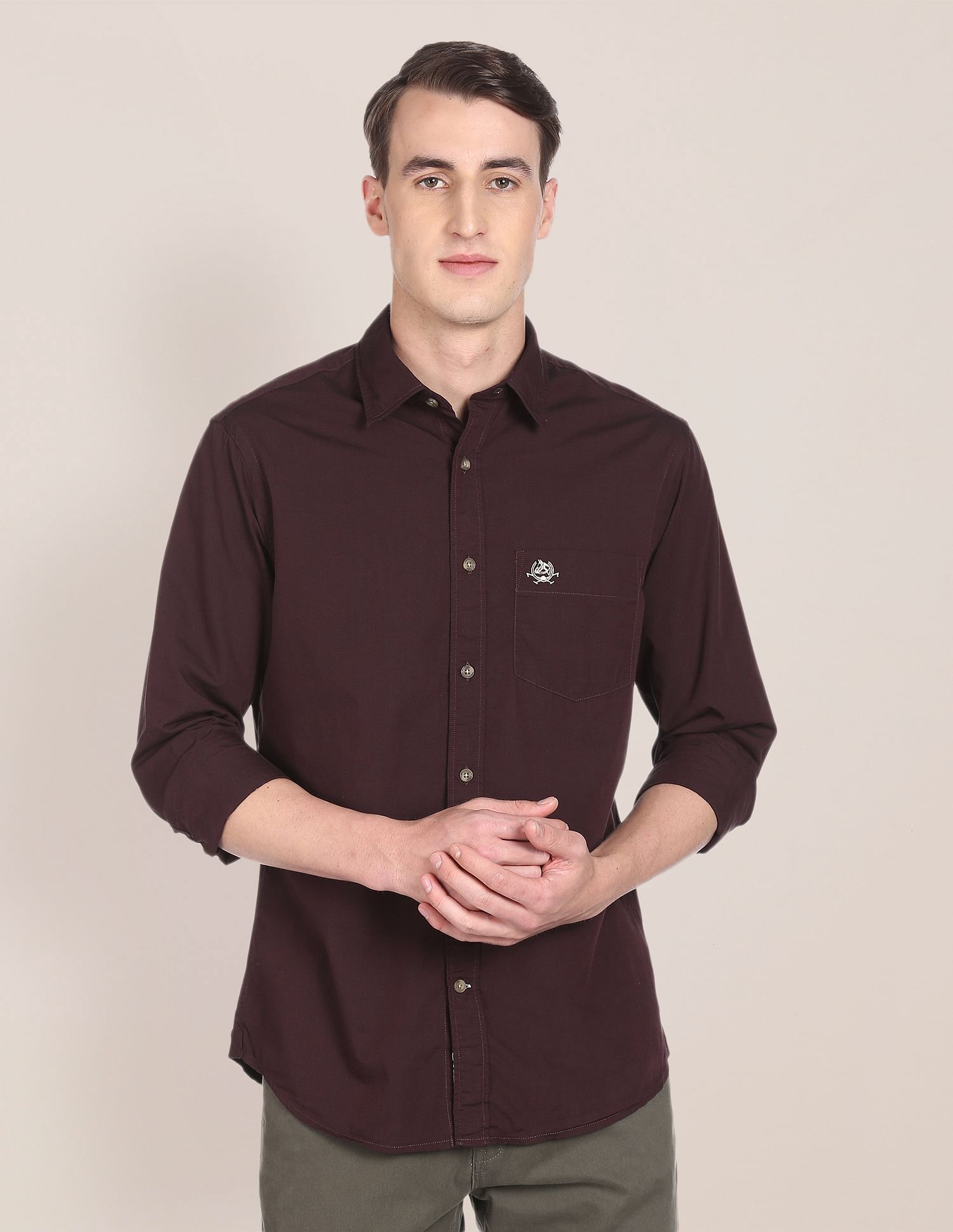 Tailored Regular Fit Solid Casual Shirt Dark Maroon - U.S. Polo Assn. India | Large