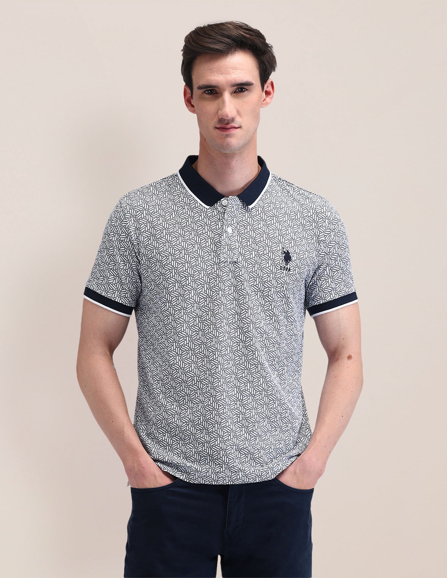 Slim Fit Geometric Polo Shirt Navy - U.S. Polo Assn. India | Large