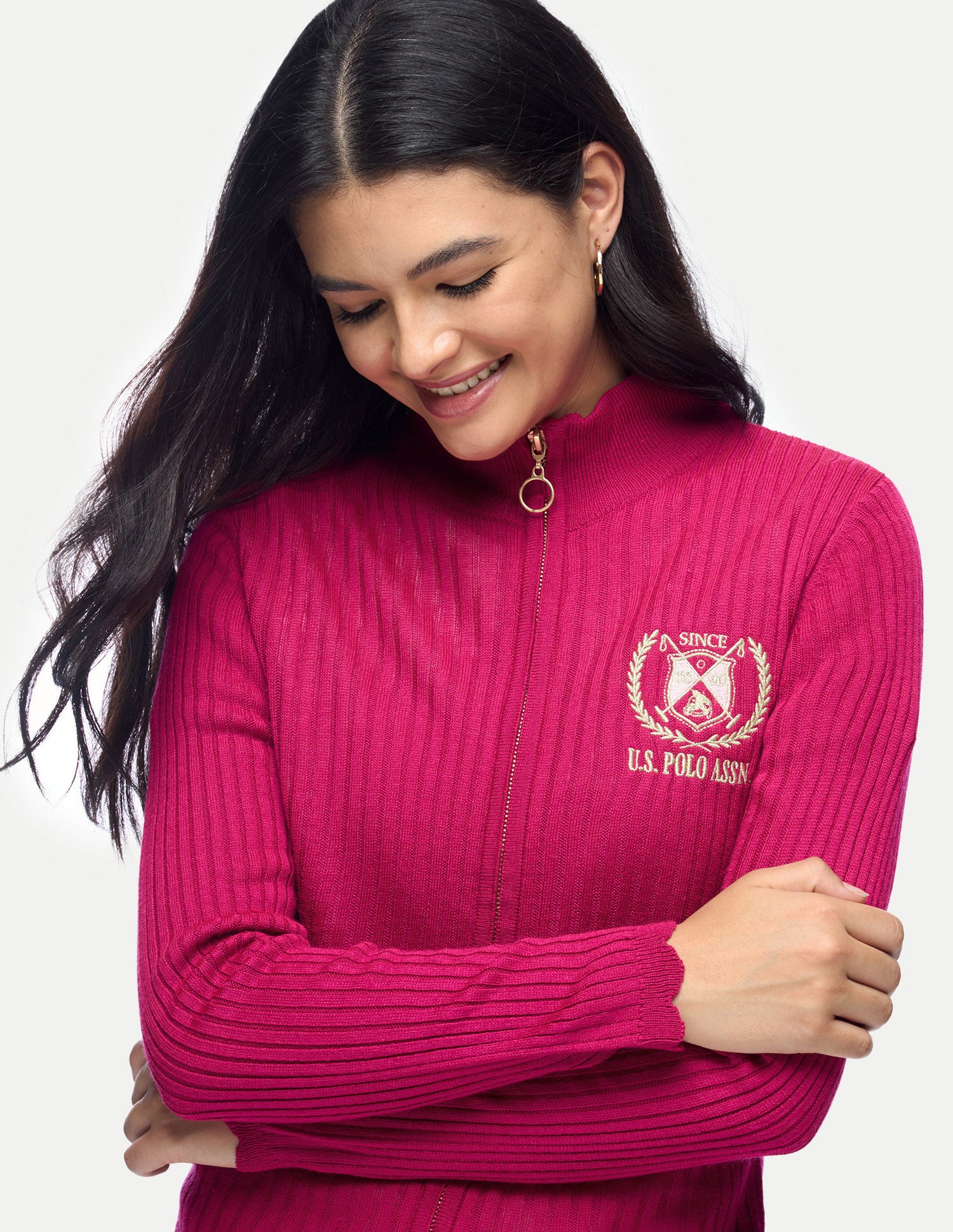 Patterned Knit Slim Fit Zipper Sweater Pink - U.S. Polo Assn. India | Large