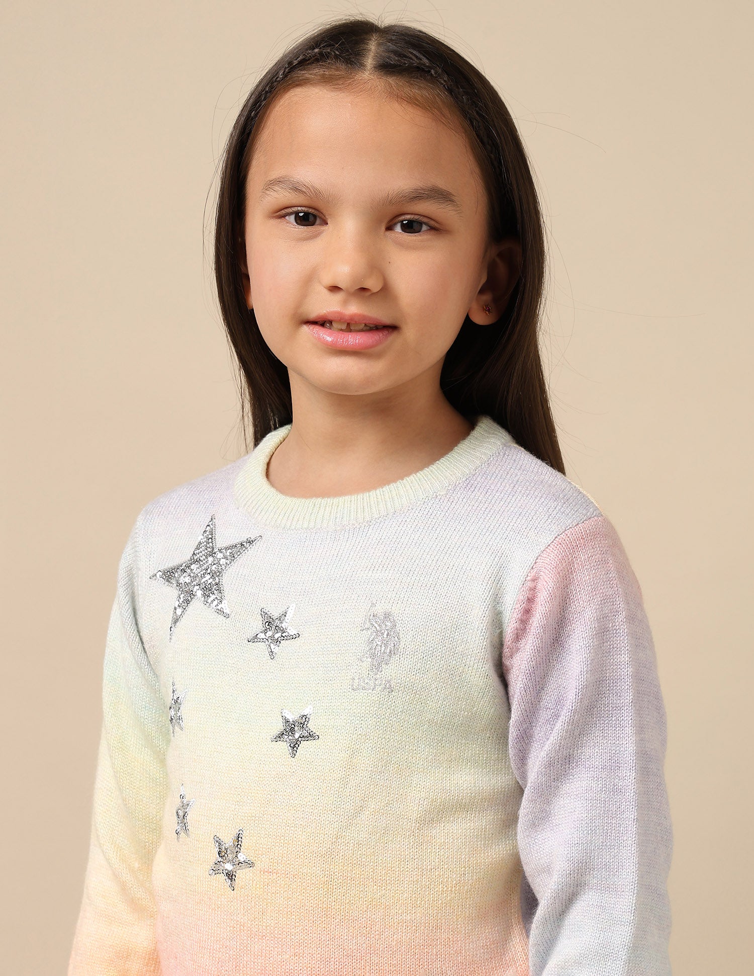 GirlsCrew Neck Embellished Sweater Pink and Grey - U.S. POLO ASSN. | Large