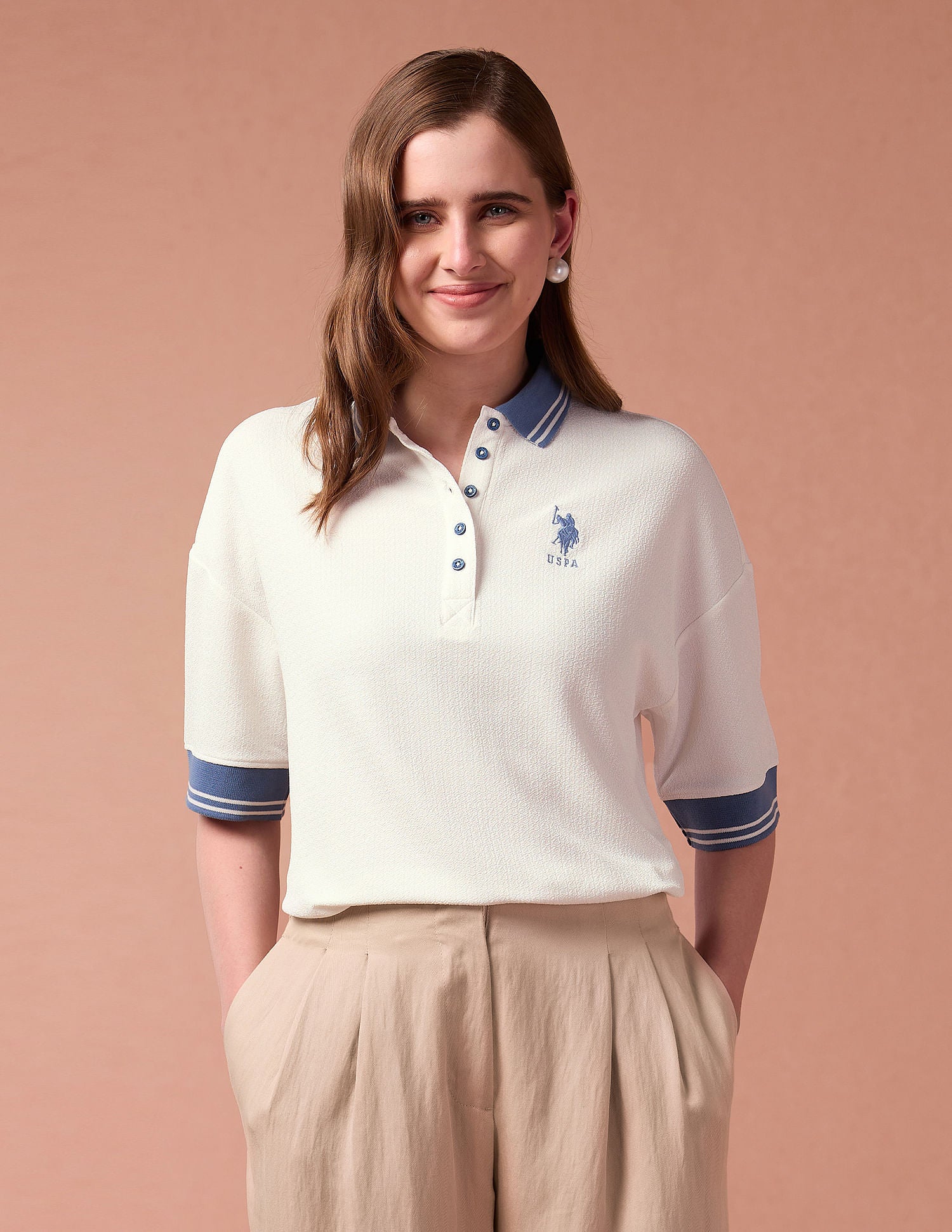 Oversized Textured Knit Polo Shirt Off White - U.S. Polo Assn. India | Large