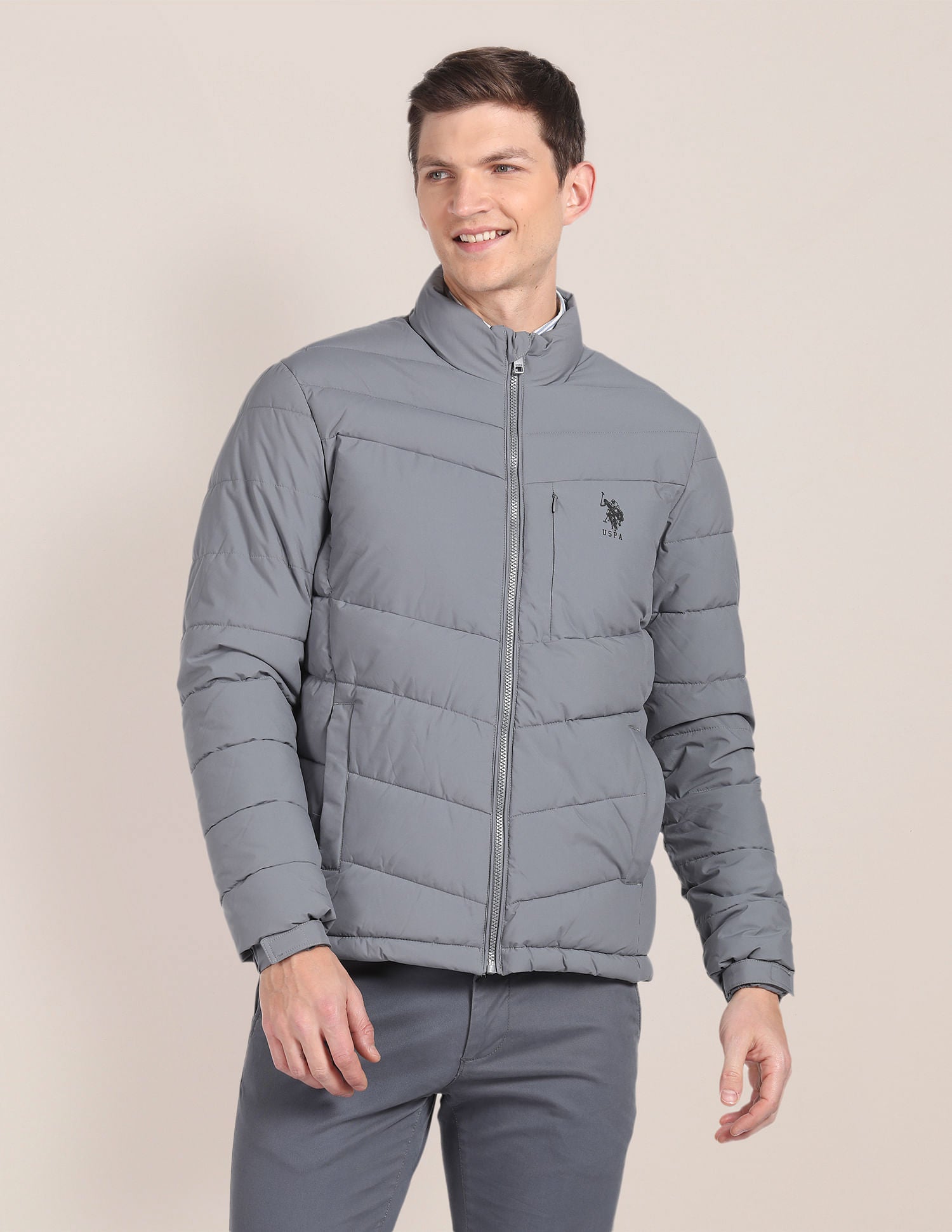 High Neck Quilted Jacket Grey - U.S. Polo Assn. India | Large
