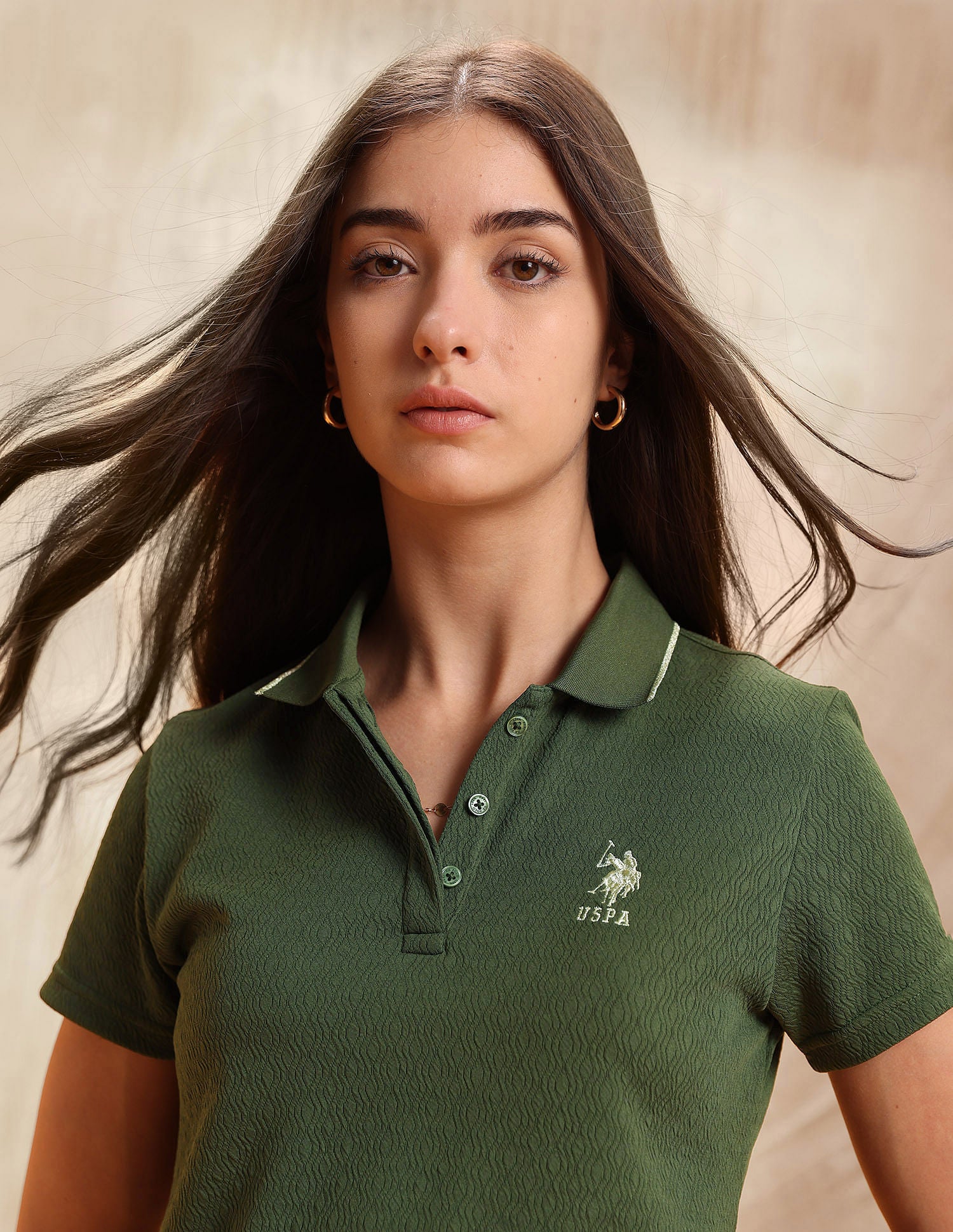 Polo With Elbow Sleeves And Lurex Tipping Olive - U.S. POLO ASSN. | Large