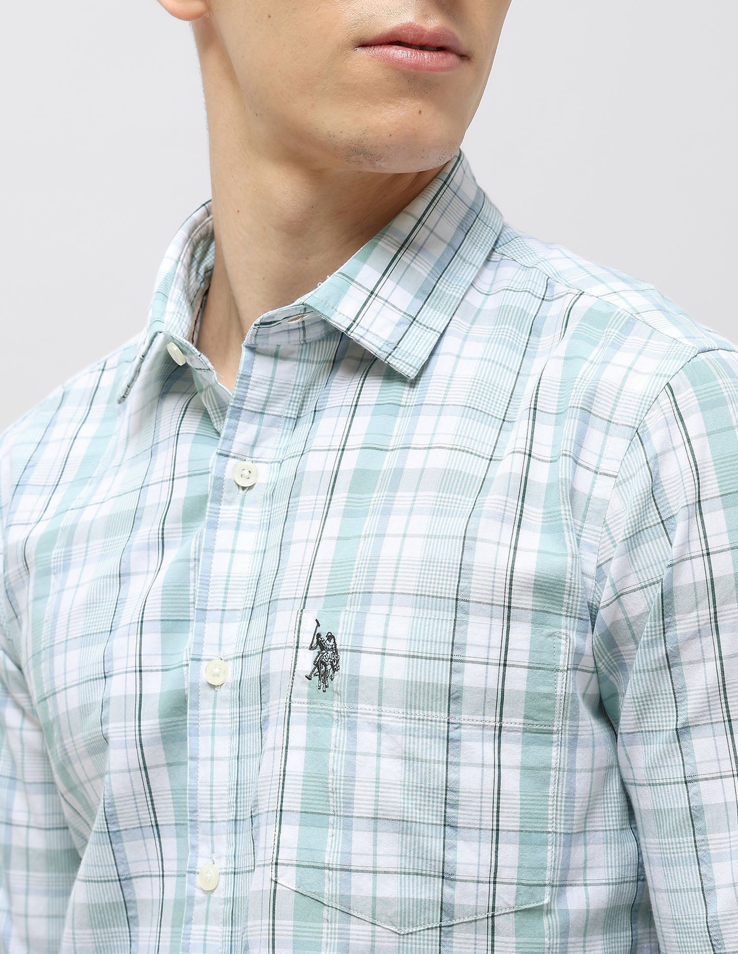 Tartan Checked Seersucker Shirt Light Green - U.S. Polo Assn. India | Large