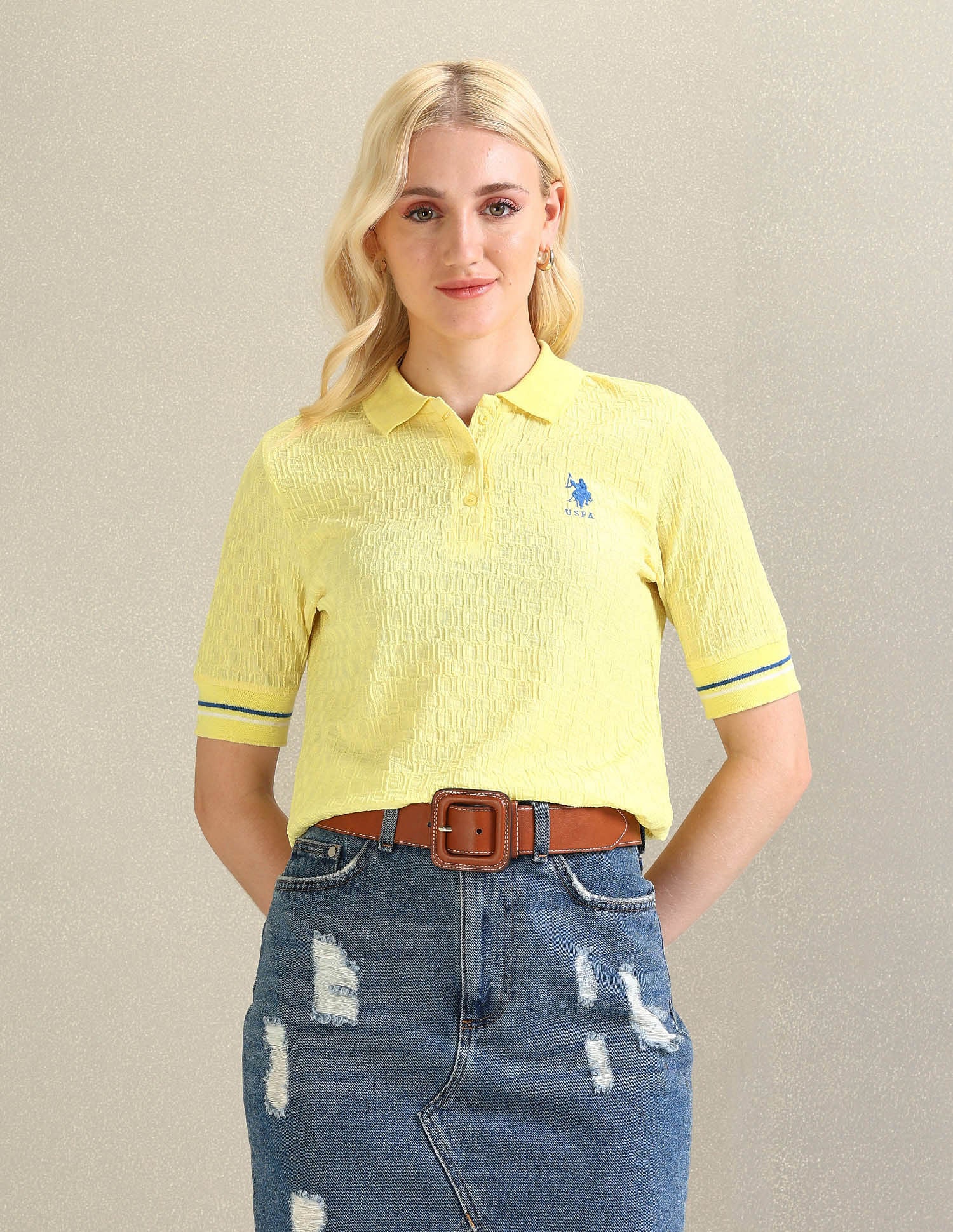 Ribbed Collar Textured Polo Shirt Yellow - U.S. POLO ASSN. | Large