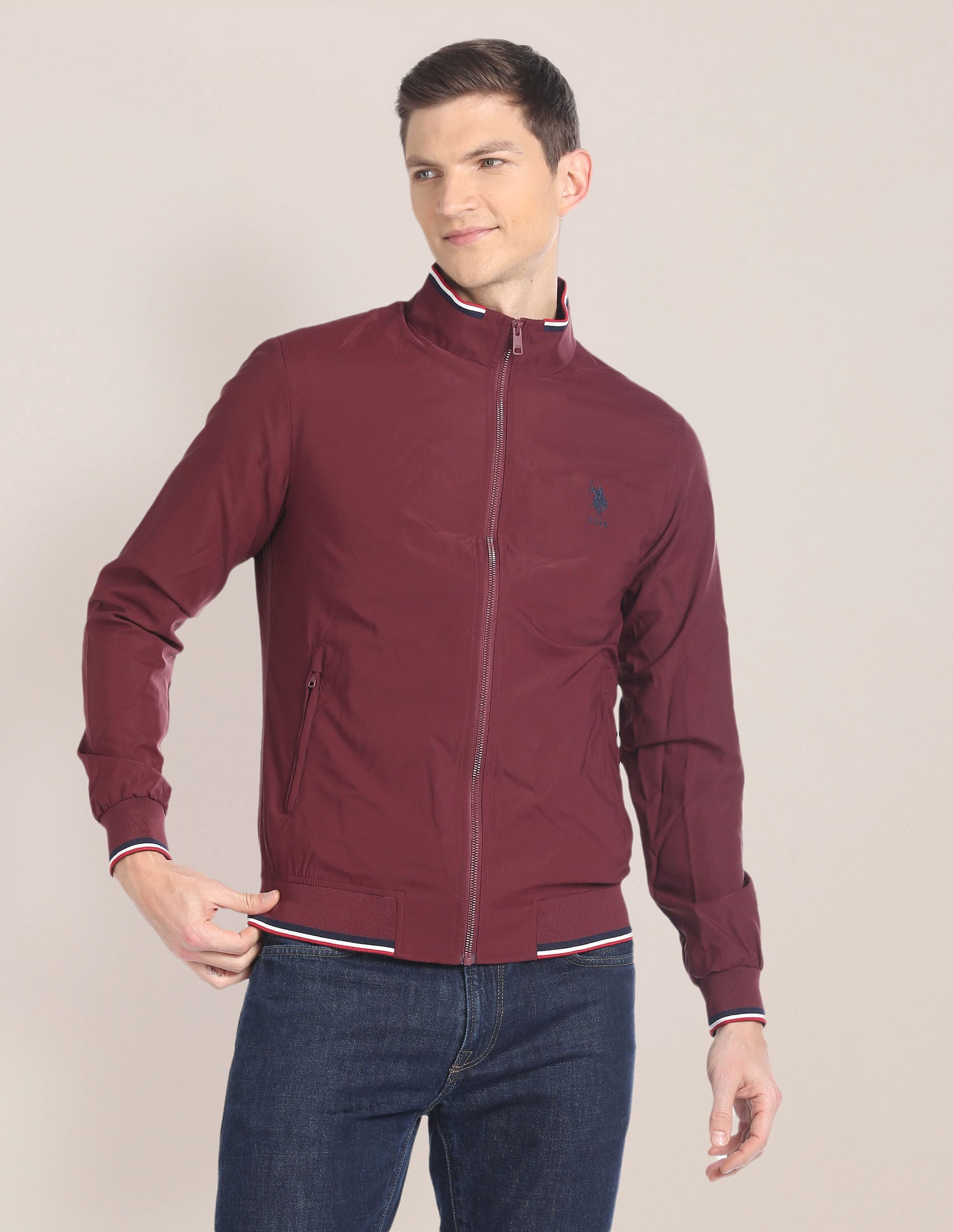 High Neck Long Sleeve Casual Jacket Maroon - U.S. POLO ASSN. | Large