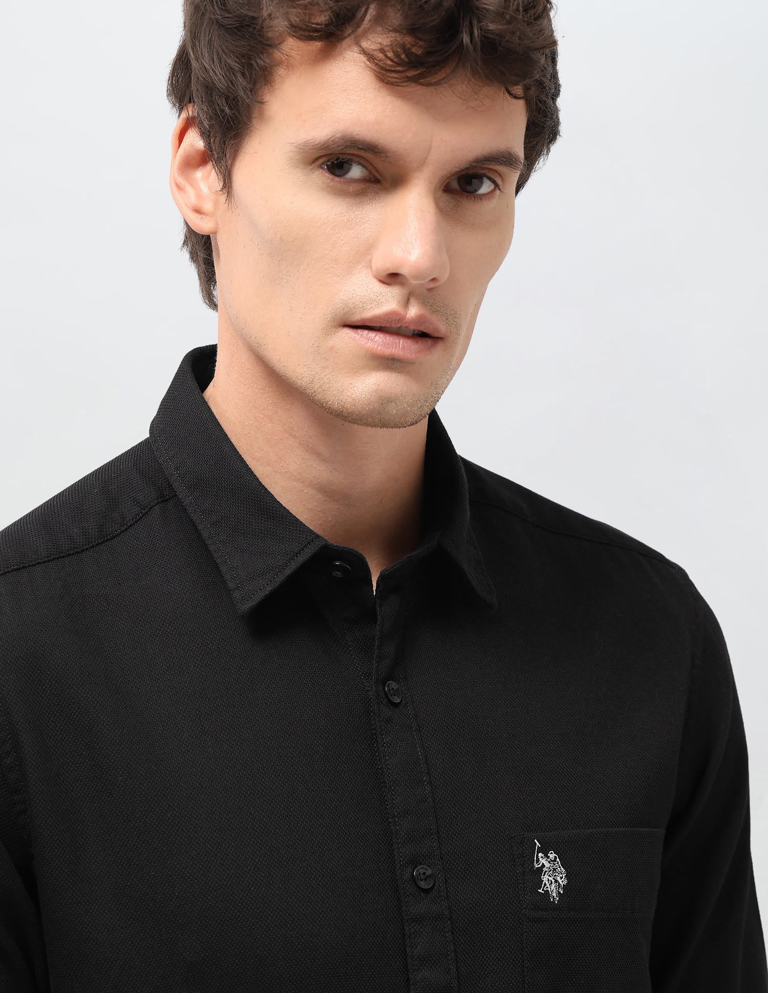 Solid Dobby Regular Fit Shirt Black - U.S. Polo Assn. India | Large