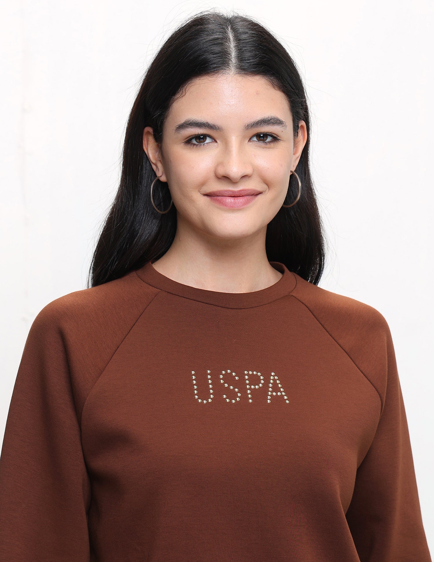 Brand Stud Embellished Oversized Fit Sweatshirt Brown - U.S. Polo Assn. India | Large