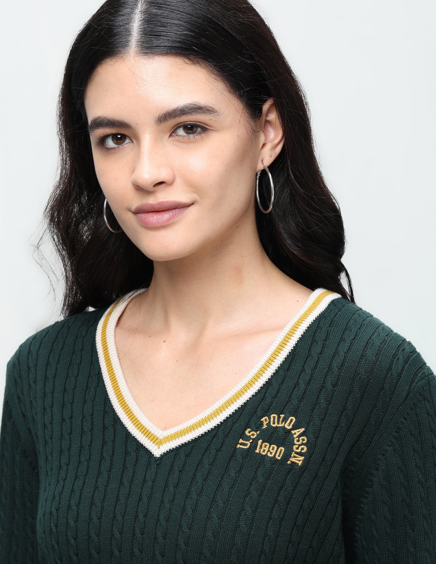 Cable Patterned Knit Regular Fit Sweater Dark Green - U.S. Polo Assn. India | Large