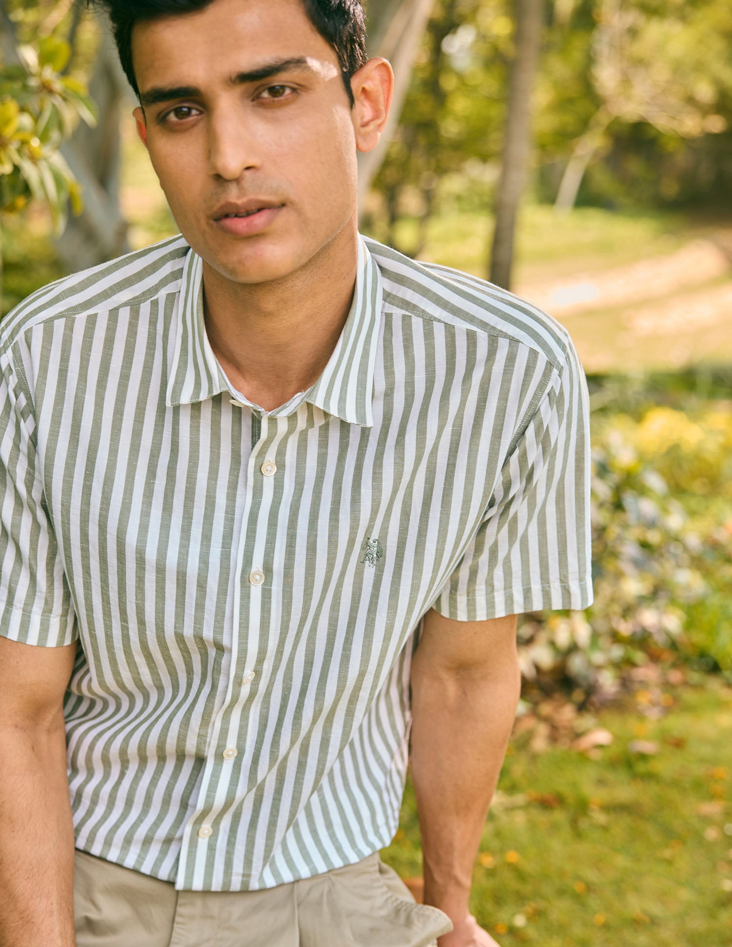 Pacho X Vertical Stripe Cotton Linen Shirt Light Green - U.S. POLO ASSN. | Large